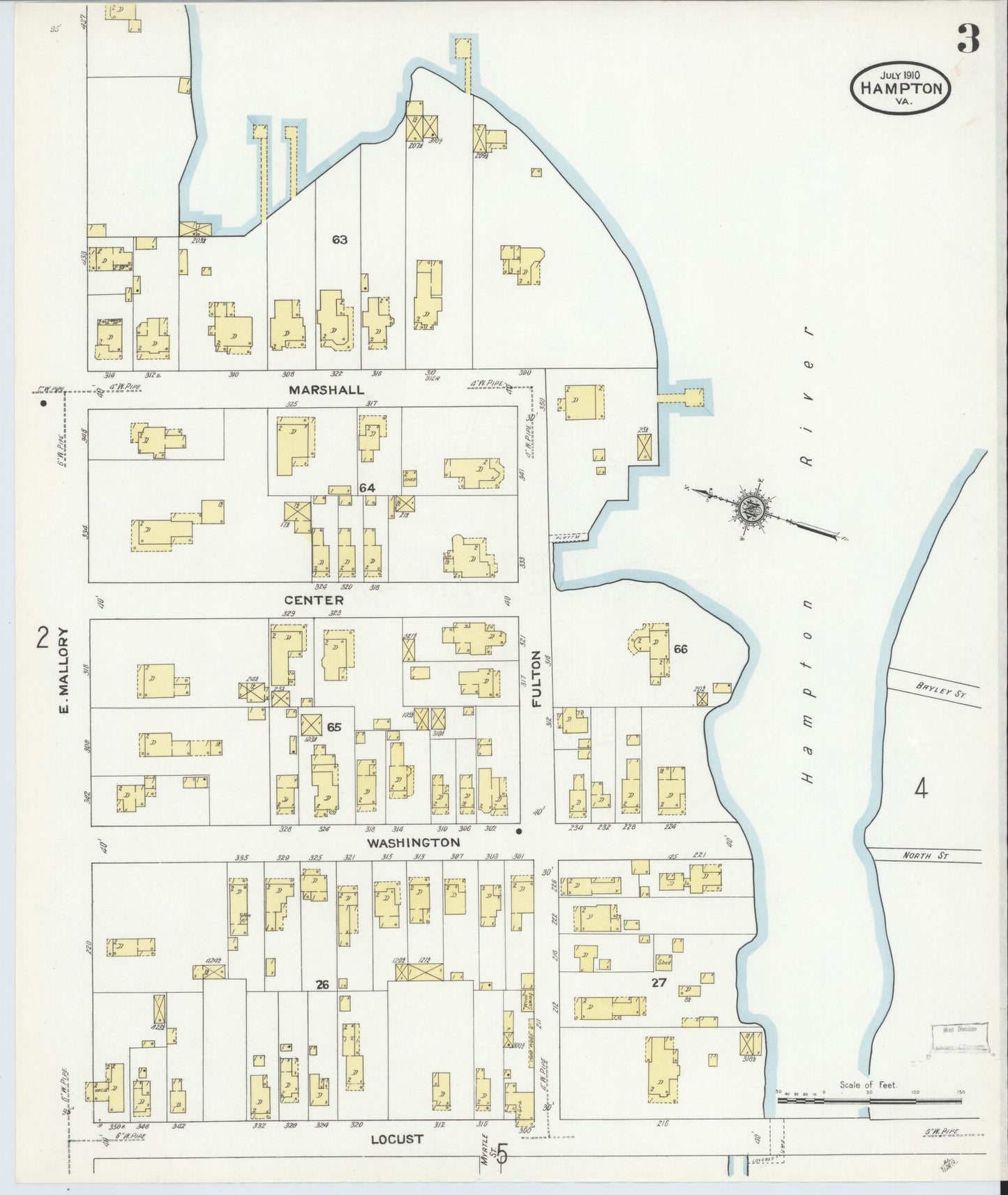 Sanborn Fire Insurance Map from Hampton, Independent Cities, Virginia (1910), Sheet #0003 - Complete Map Set gallery image, historic Sanborn map, vintage wall art, Virginia Virginia