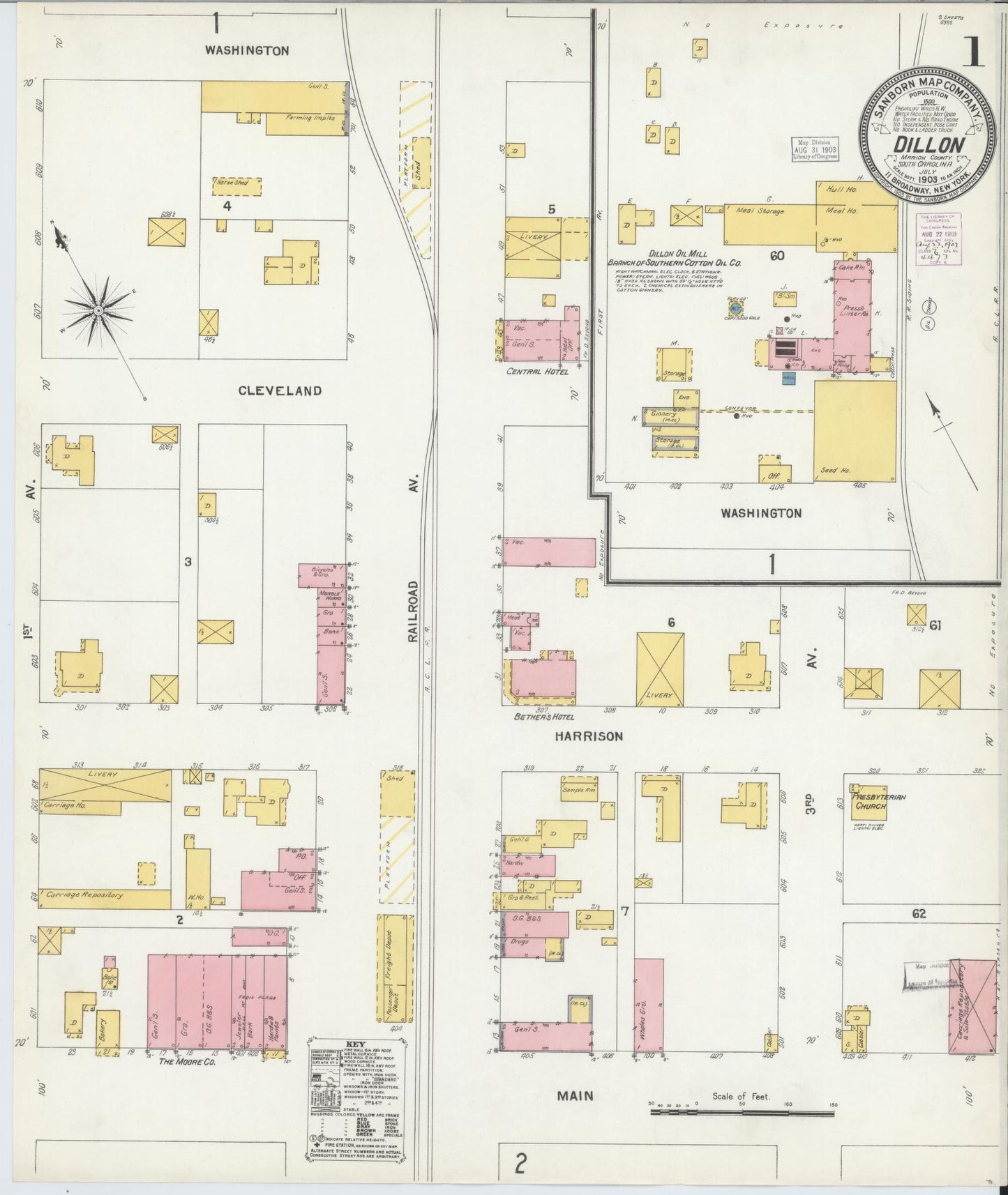 Sanborn Fire Insurance Map from Dillon, Dillon County, South Carolina (1903), Sheet #0001 - Complete Map Set gallery image, historic Sanborn map, vintage wall art, South Carolina South Carolina
