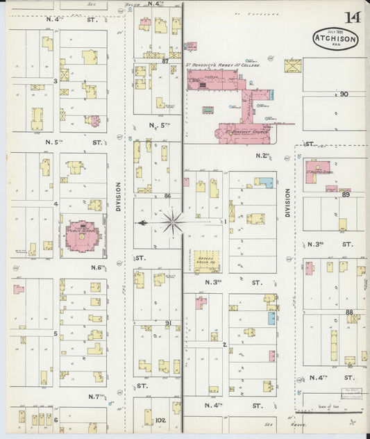 Sanborn Fire Insurance Map from Atchison, Atchison County, Kansas (1891), Sheet #0014 - Historic Sanborn Fire Insurance Map Print, vintage old map wall art, antique decor, genealogy gift, Kansas Kansas map