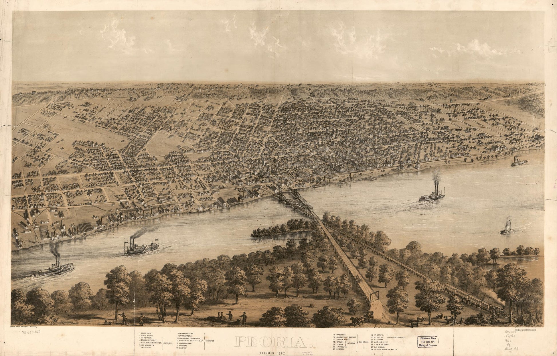 Peoria, Illinois 1867. (1867) – Historic Bird’s-Eye View Panorama Print