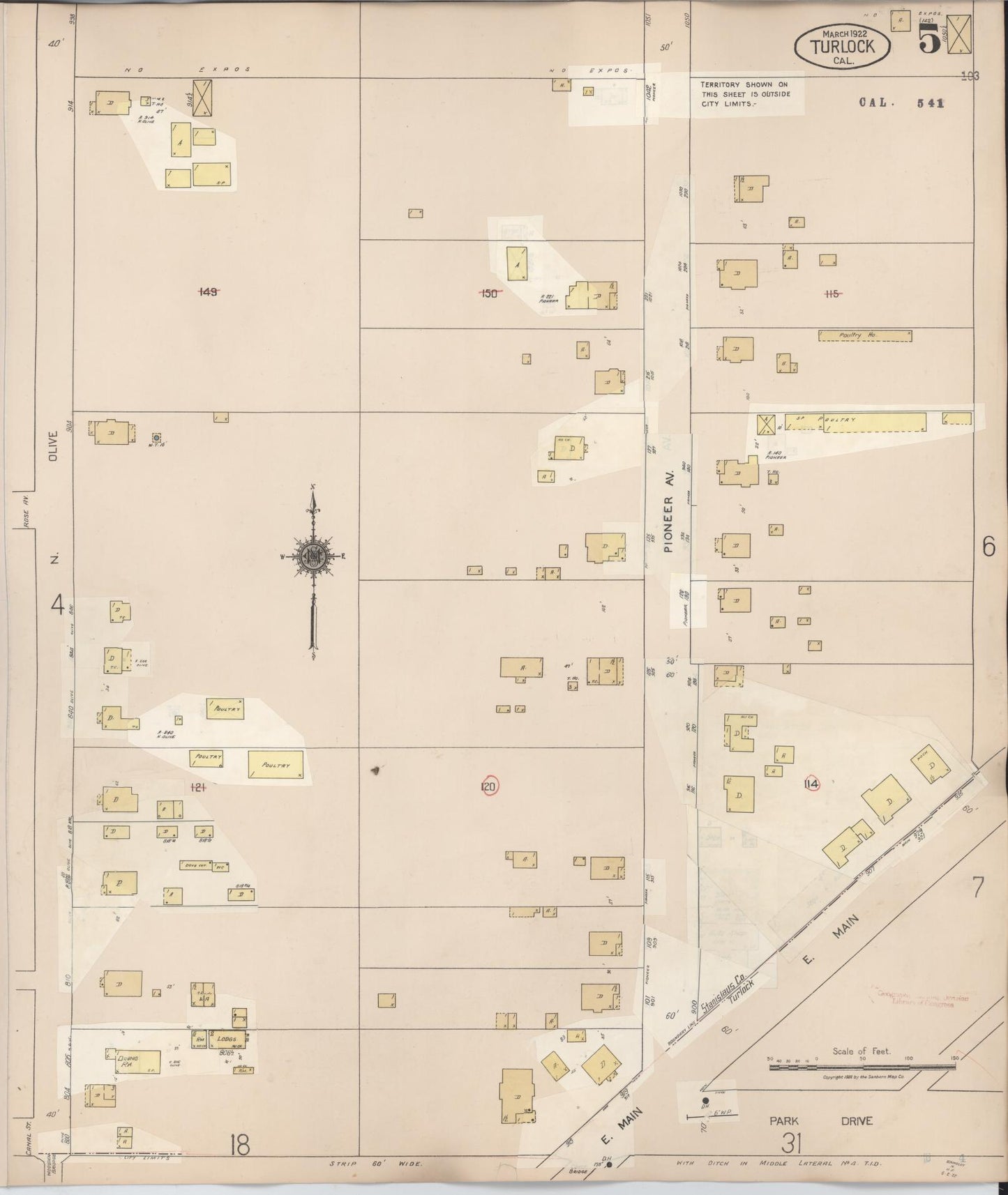 Sanborn Fire Insurance Map from Turlock, Stanislaus County, California (1943), Sheet #0005 - Complete Map Set gallery image, historic Sanborn map, vintage wall art, California California