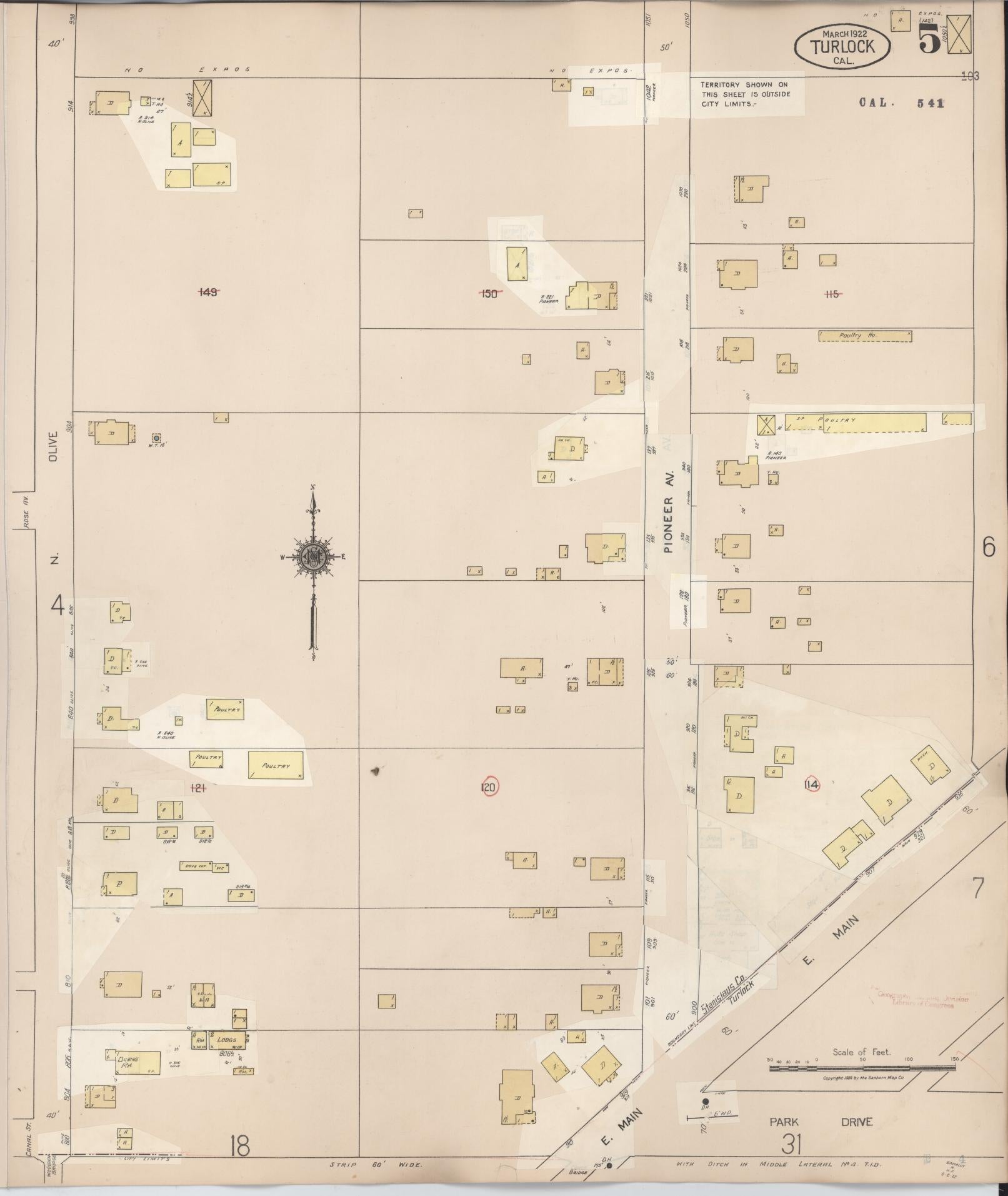 Sanborn Fire Insurance Map from Turlock, Stanislaus County, California (1943), Sheet #0005 - Complete Map Set gallery image, historic Sanborn map, vintage wall art, California California