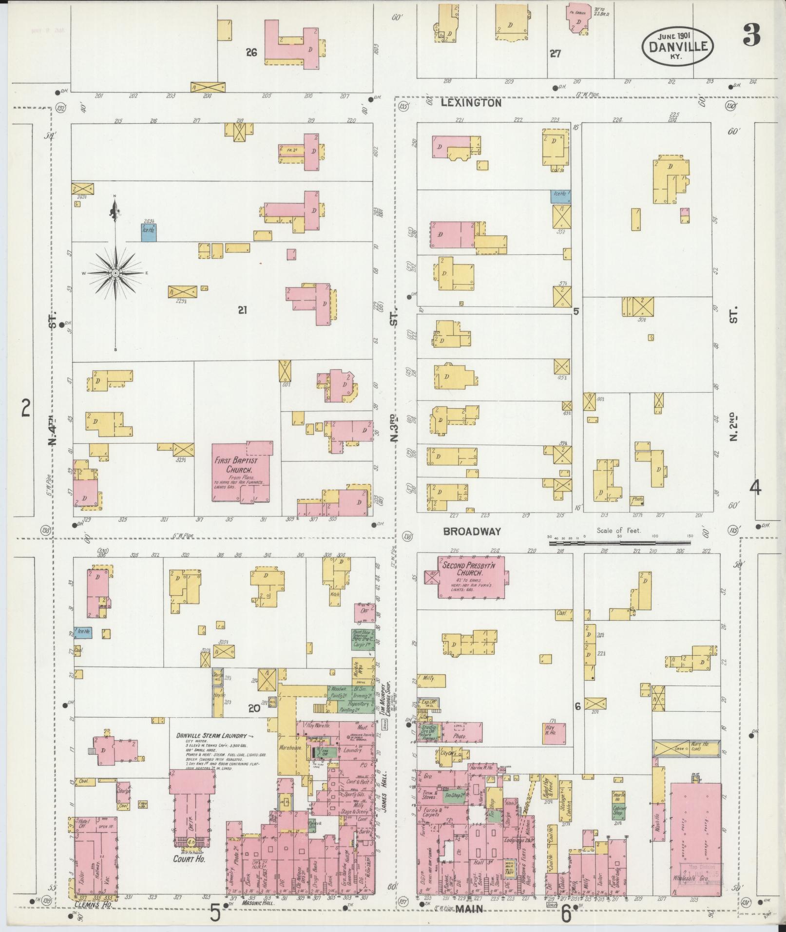 Sanborn Fire Insurance Map from Danville, Boyle County, Kentucky (1901), Sheet #0003 - Complete Map Set gallery image, historic Sanborn map, vintage wall art, Kentucky Kentucky