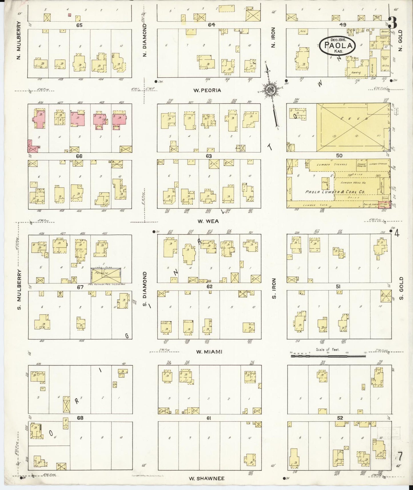 Sanborn Fire Insurance Map from Paola, Miami County, Kansas (1916), Sheet #0003 - Complete Map Set gallery image, historic Sanborn map, vintage wall art, Kansas Kansas