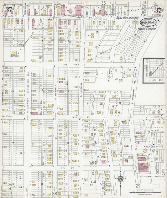 Sanborn Fire Insurance Map from Waukegan, Lake County, Illinois (1924), Sheet #0037 - Historic Sanborn Fire Insurance Map Print, vintage old map wall art, antique decor, genealogy gift, Illinois Illinois map