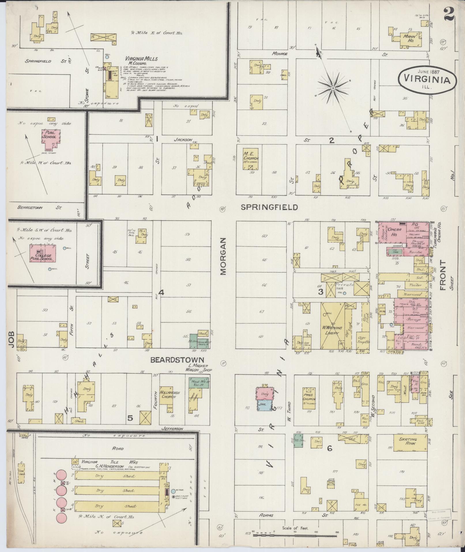 Sanborn Fire Insurance Map from Virginia, Cass County, Illinois (1887), Sheet #0002 - Historic Sanborn Fire Insurance Map Print, vintage old map wall art, antique decor, genealogy gift, Illinois Illinois map