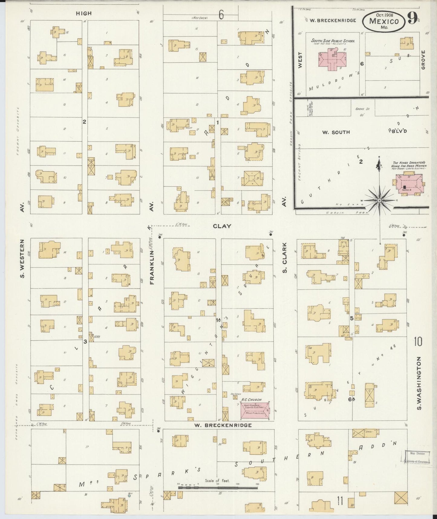 Sanborn Fire Insurance Map from Mexico, Audrain County, Missouri (1908), Sheet #0009 - Complete Map Set gallery image, historic Sanborn map, vintage wall art, Missouri Missouri