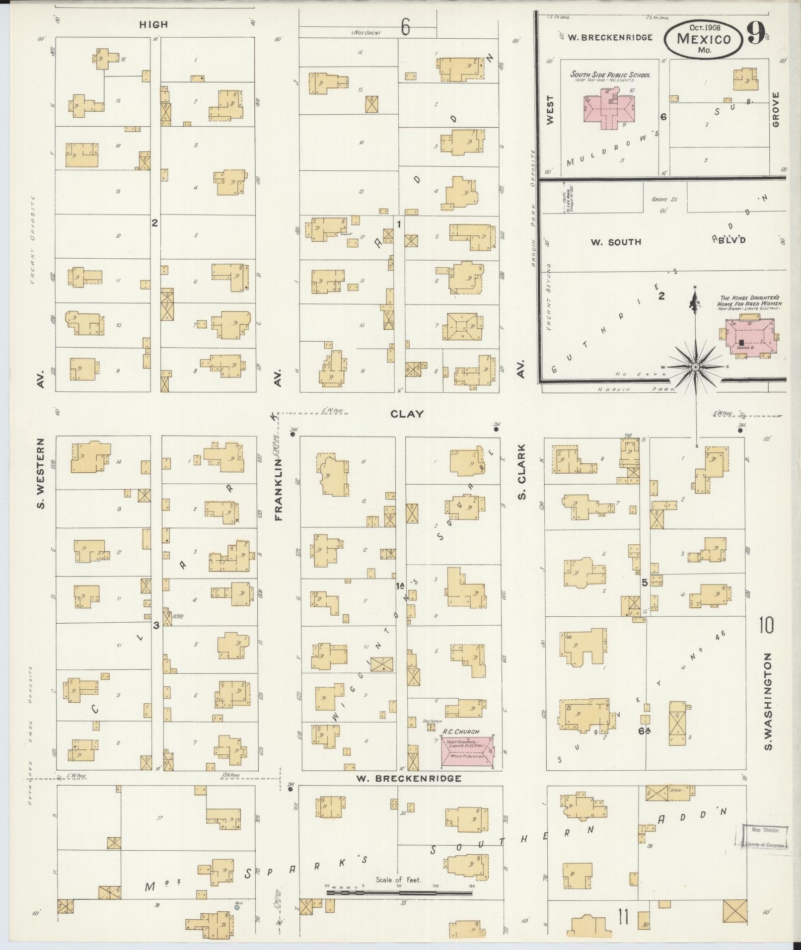 Sanborn Fire Insurance Map from Mexico, Audrain County, Missouri (1908), Sheet #0009 - Complete Map Set gallery image, historic Sanborn map, vintage wall art, Missouri Missouri