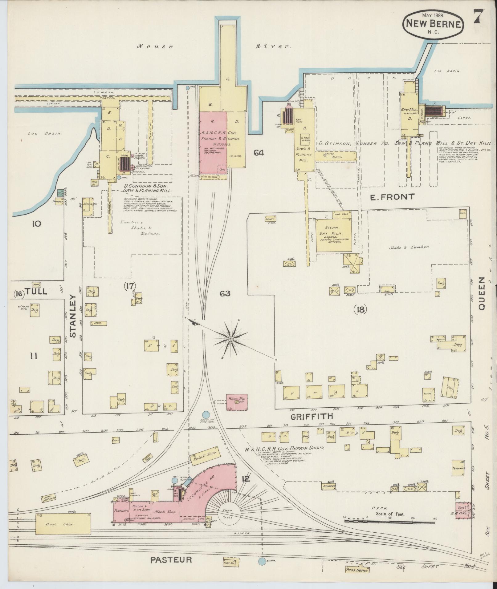 Sanborn Fire Insurance Map from New Bern, Craven County, North Carolina (1888), Sheet #0007 - Historic Sanborn Fire Insurance Map Print, vintage old map wall art, antique decor, genealogy gift, North Carolina North Carolina map
