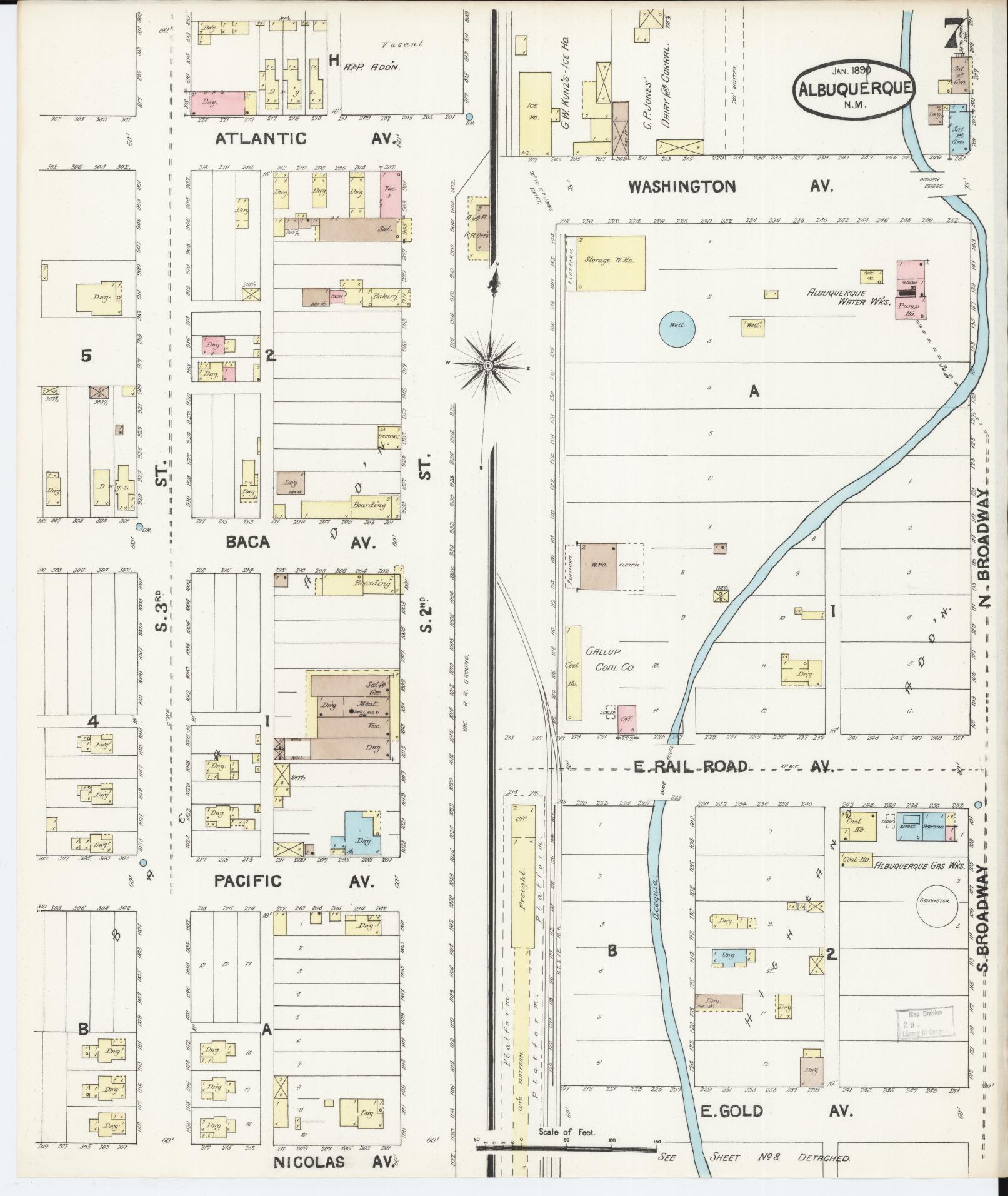 Sanborn Fire Insurance Map from Albuquerque, Bernalillo County, New Mexico (1891), Sheet #0007 - Historic Sanborn Fire Insurance Map Print, vintage old map wall art, antique decor, genealogy gift, New Mexico New Mexico map