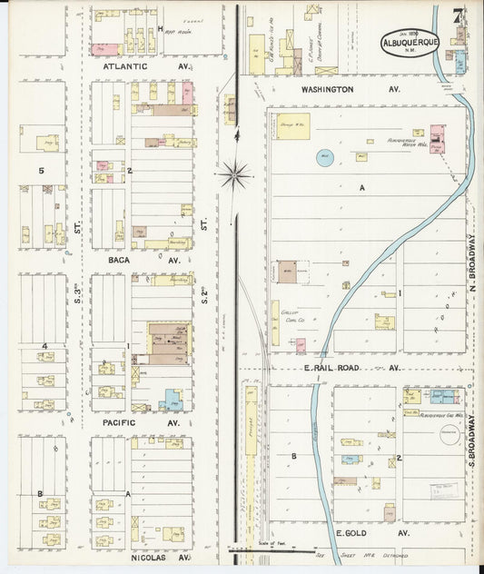 Sanborn Fire Insurance Map from Albuquerque, Bernalillo County, New Mexico (1891), Sheet #0007 - Historic Sanborn Fire Insurance Map Print, vintage old map wall art, antique decor, genealogy gift, New Mexico New Mexico map
