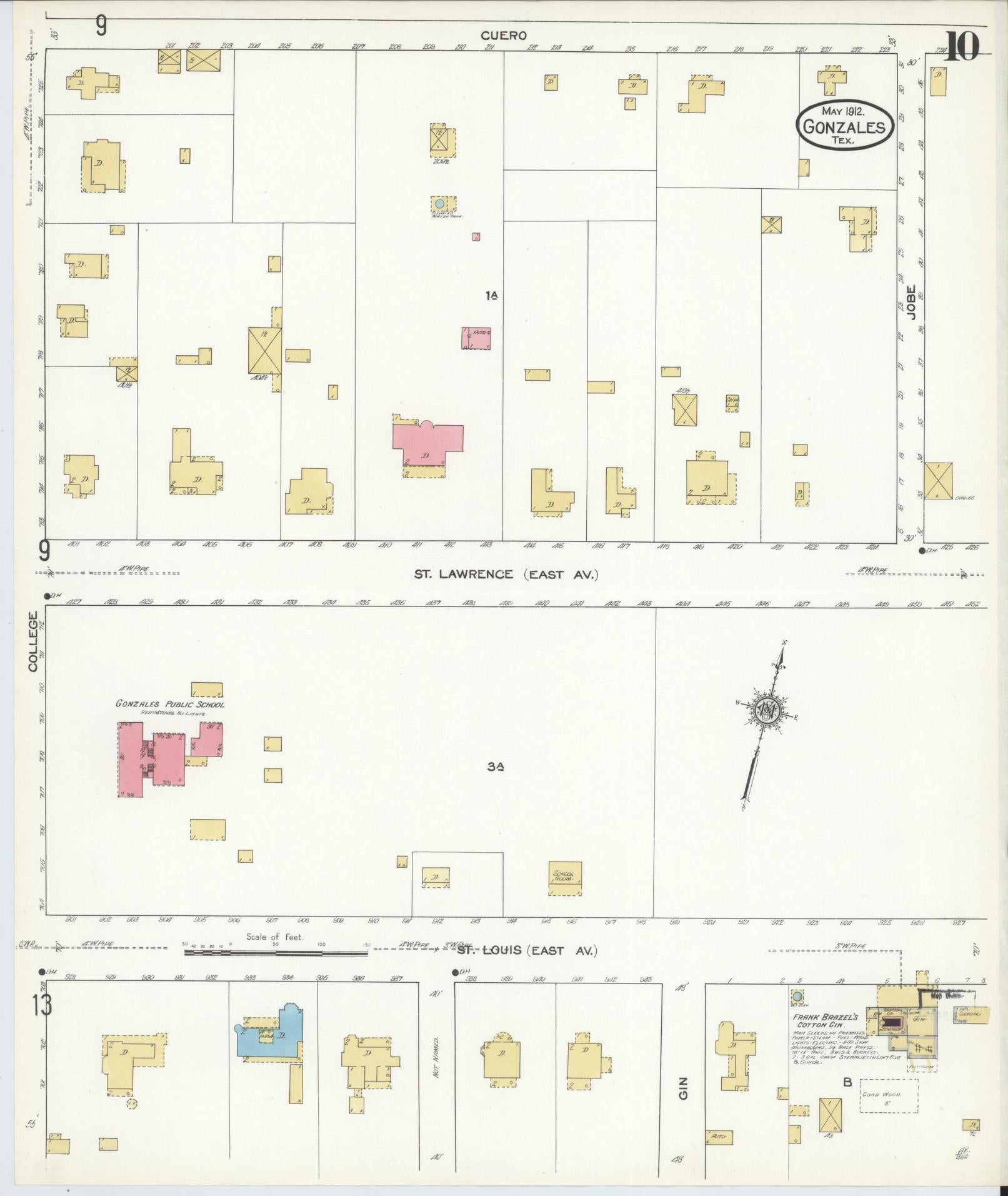 Sanborn Fire Insurance Map from Gonzales, Gonzales County, Texas (1912), Sheet #0010 - Complete Map Set gallery image, historic Sanborn map, vintage wall art, Texas Texas