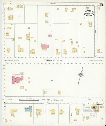 Sanborn Fire Insurance Map from Gonzales, Gonzales County, Texas (1912), Sheet #0010 - Complete Map Set gallery image, historic Sanborn map, vintage wall art, Texas Texas