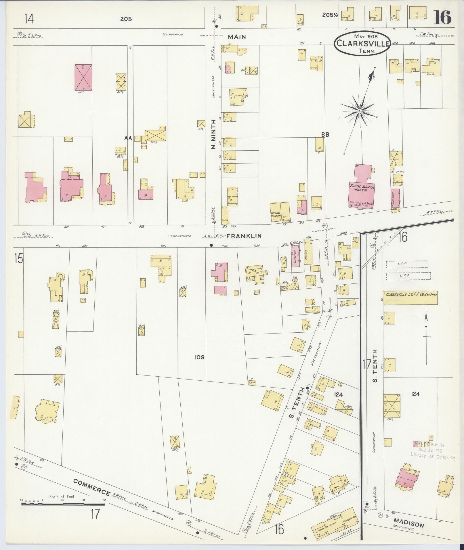 Sanborn Fire Insurance Map from Clarksville, Montgomery County, Tennessee (1908), Sheet #0016 - Complete Map Set gallery image, historic Sanborn map, vintage wall art, Tennessee Tennessee
