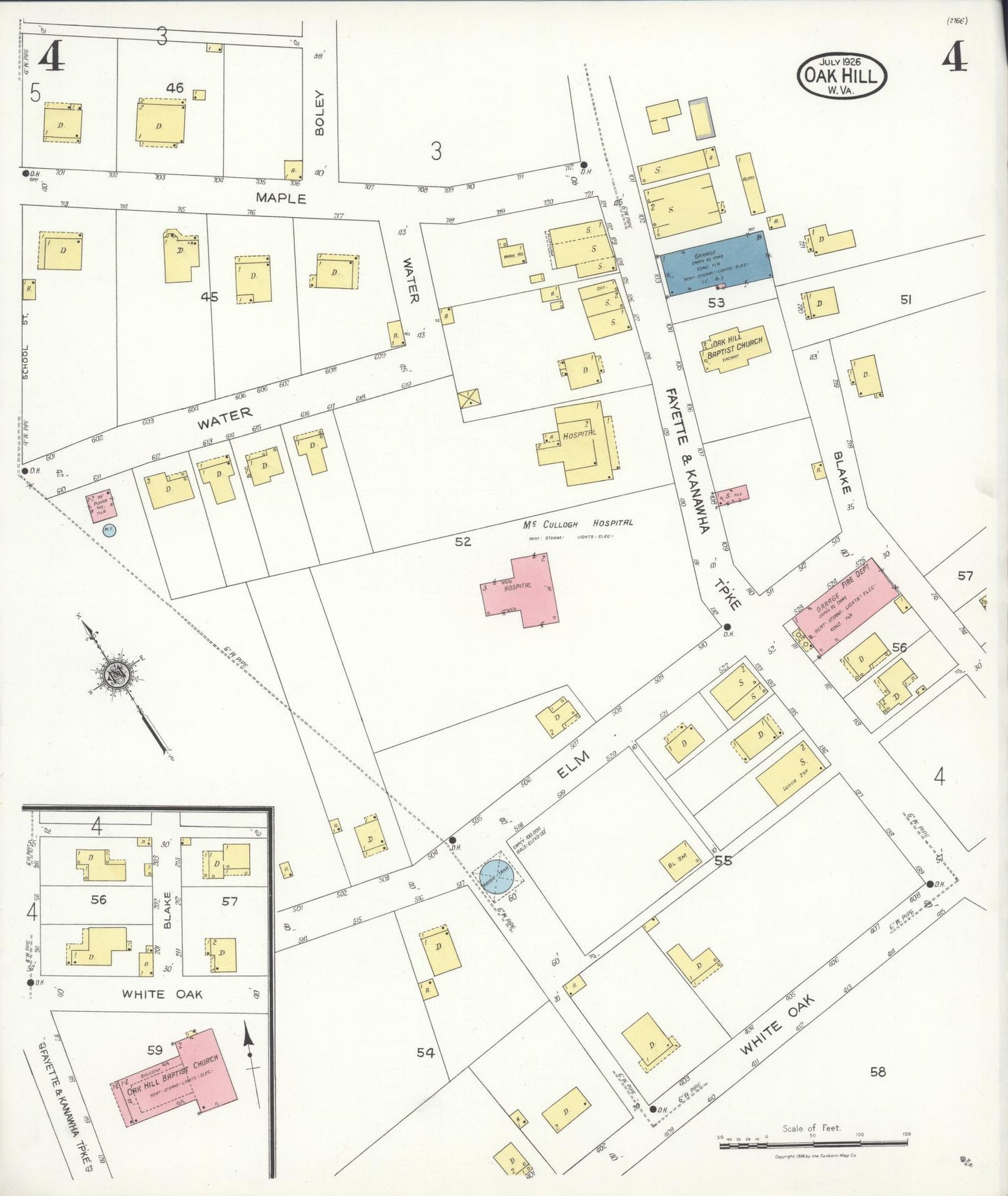 Sanborn Fire Insurance Map from Oak Hill, Fayette County, West Virginia (1926), Sheet #0004 - Historic Sanborn Fire Insurance Map Print, vintage old map wall art, antique decor, genealogy gift, West Virginia West Virginia map