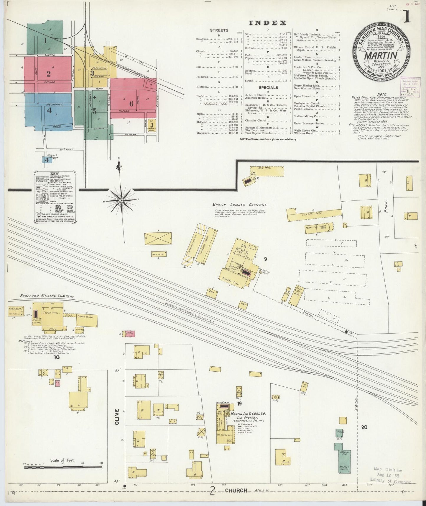 Sanborn Fire Insurance Map from Martin, Weakley County, Tennessee (1907), Sheet #0001 - Complete Map Set gallery image, historic Sanborn map, vintage wall art, Tennessee Tennessee