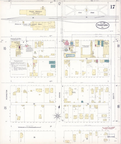 Sanborn Fire Insurance Map from Hanford, Kings County, California (1898), Sheet #0017 - Historic Sanborn Fire Insurance Map Print, vintage old map wall art, antique decor, genealogy gift, California California map