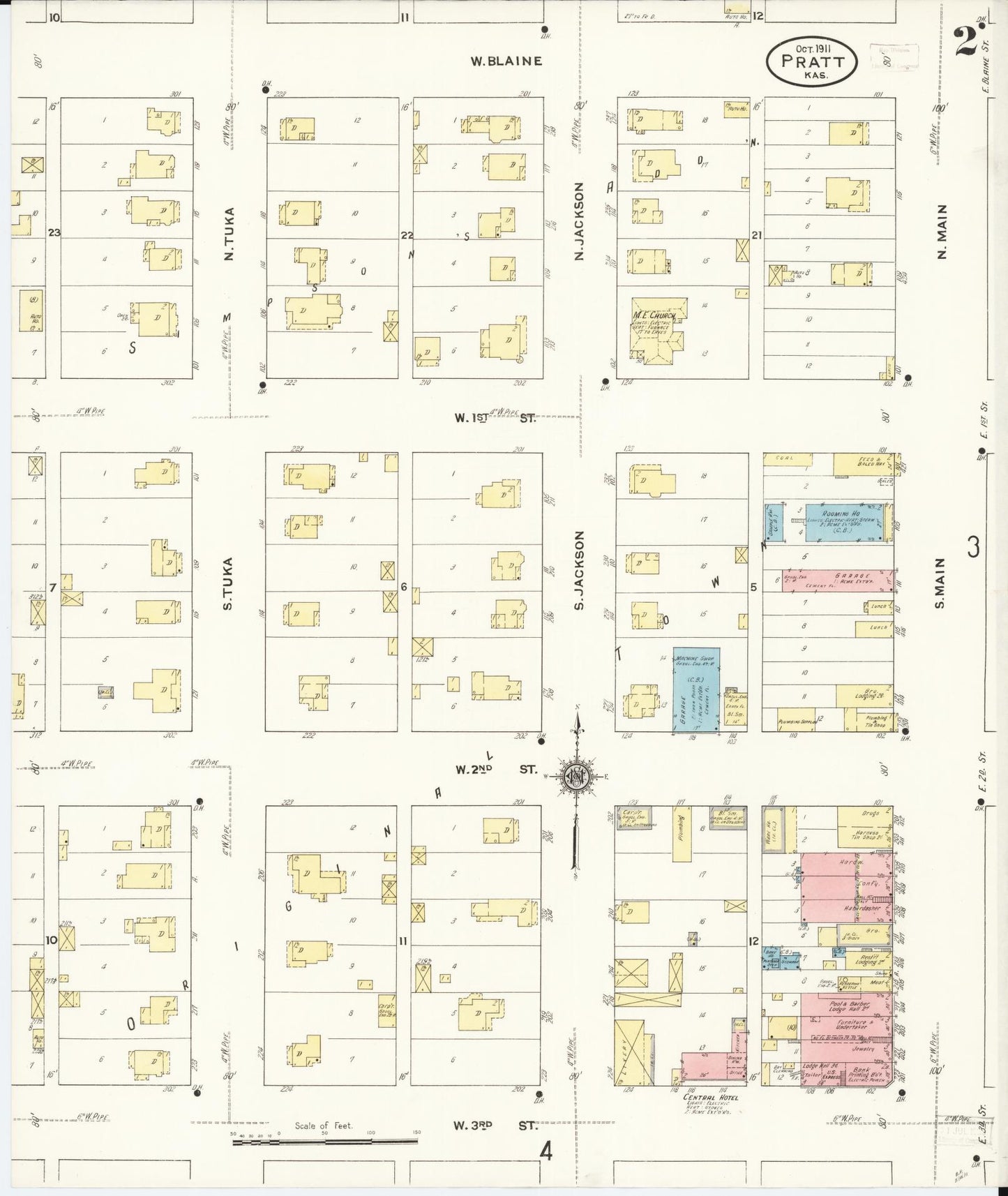 Sanborn Fire Insurance Map from Pratt, Pratt County, Kansas (1911), Sheet #0002 - Historic Sanborn Fire Insurance Map Print, vintage old map wall art, antique decor, genealogy gift, Kansas Kansas map