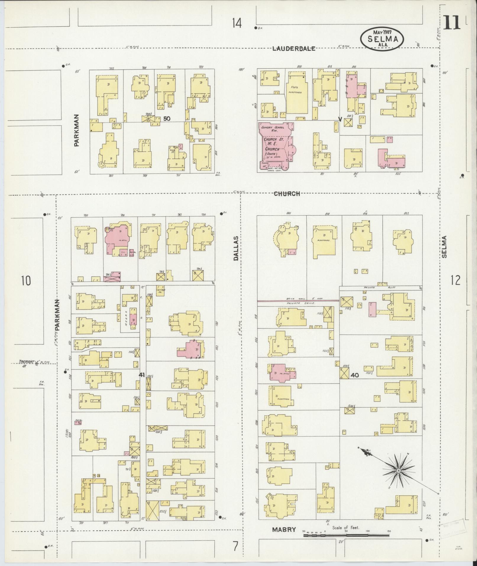 Sanborn Fire Insurance Map from Selma, Dallas County, Alabama (1907), Sheet #0011 - Complete Map Set gallery image, historic Sanborn map, vintage wall art, Alabama Alabama