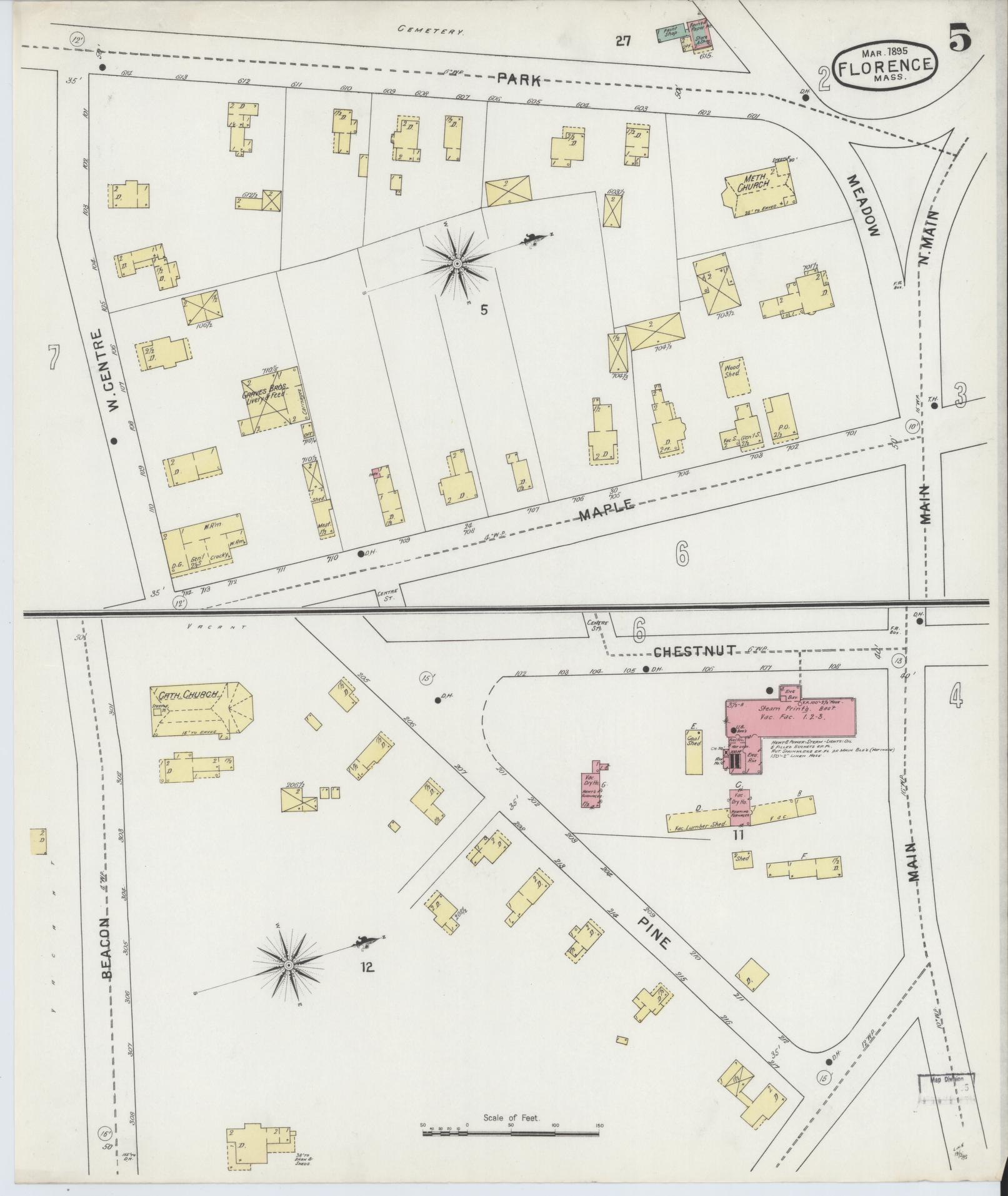 Sanborn Fire Insurance Map from Florence, Hampshire County, Massachusetts (1895), Sheet #0005 - Historic Sanborn Fire Insurance Map Print, vintage old map wall art, antique decor, genealogy gift, Massachusetts Massachusetts map