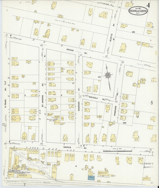 Sanborn Fire Insurance Map from Rockville Centre, Nassau County, New York (1910), Sheet #0004 - Historic Sanborn Fire Insurance Map Print, vintage old map wall art, antique decor, genealogy gift, New York New York map
