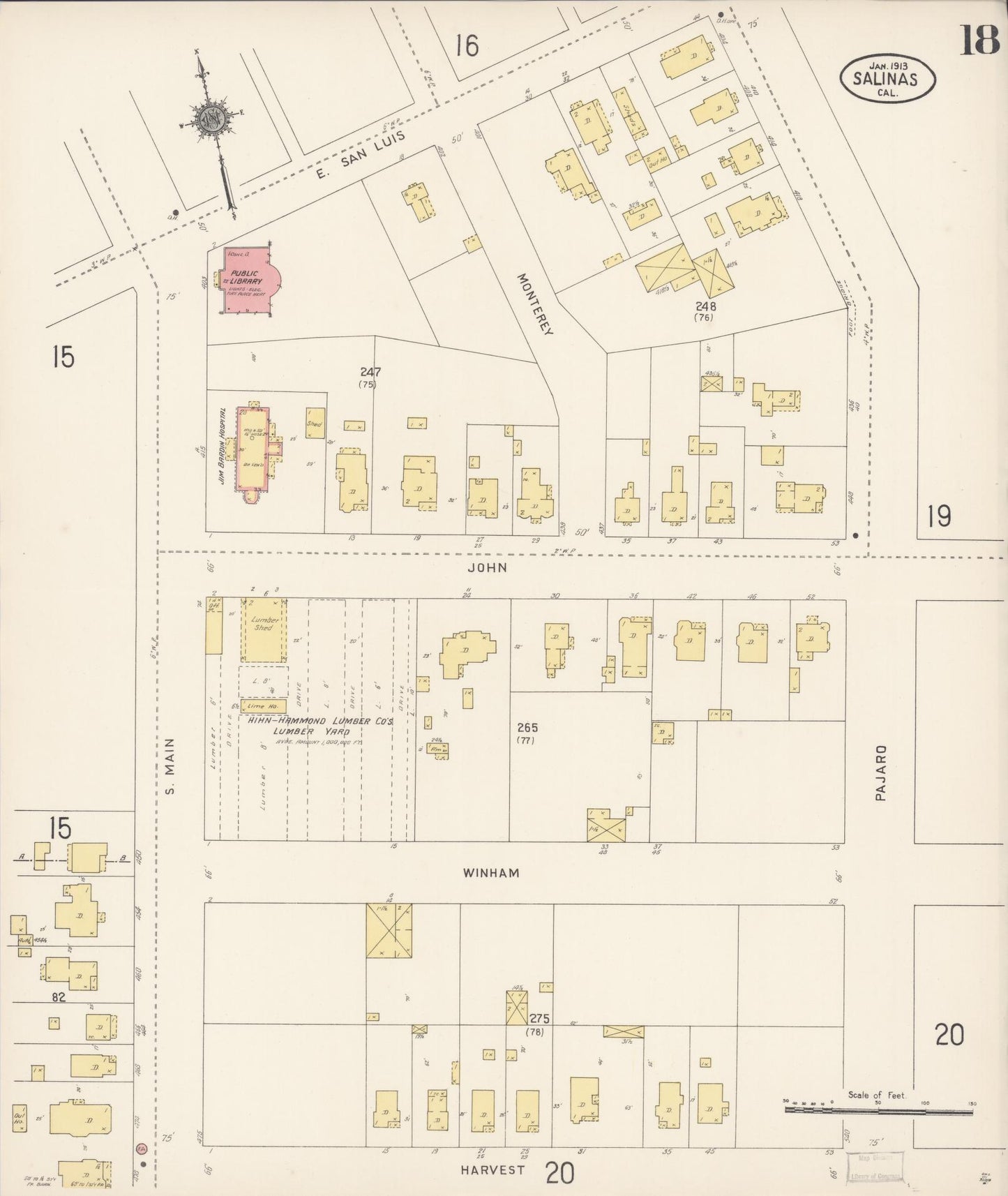 Sanborn Fire Insurance Map from Salinas, Monterey County, California (1913), Sheet #0018 - Complete Map Set gallery image, historic Sanborn map, vintage wall art, California California
