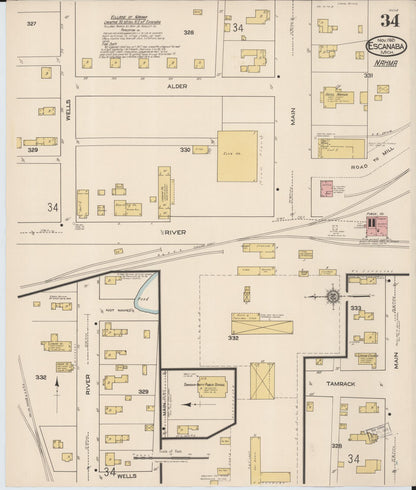 Sanborn Fire Insurance Map from Escanaba, Delta County, Michigan (1921), Sheet #0034 - Historic Sanborn Fire Insurance Map Print, vintage old map wall art, antique decor, genealogy gift, Michigan Michigan map