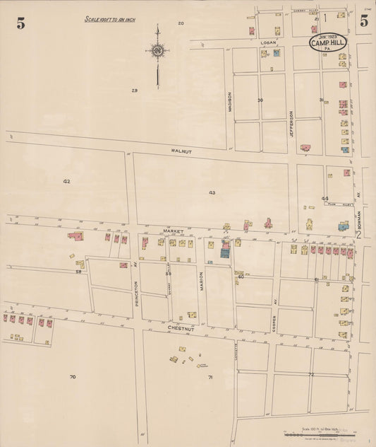 Sanborn Fire Insurance Map from Camp Hill, Cumberland County, Pennsylvania (1923), Sheet #0005 - Historic Sanborn Fire Insurance Map Print, vintage old map wall art, antique decor, genealogy gift, Pennsylvania Pennsylvania map
