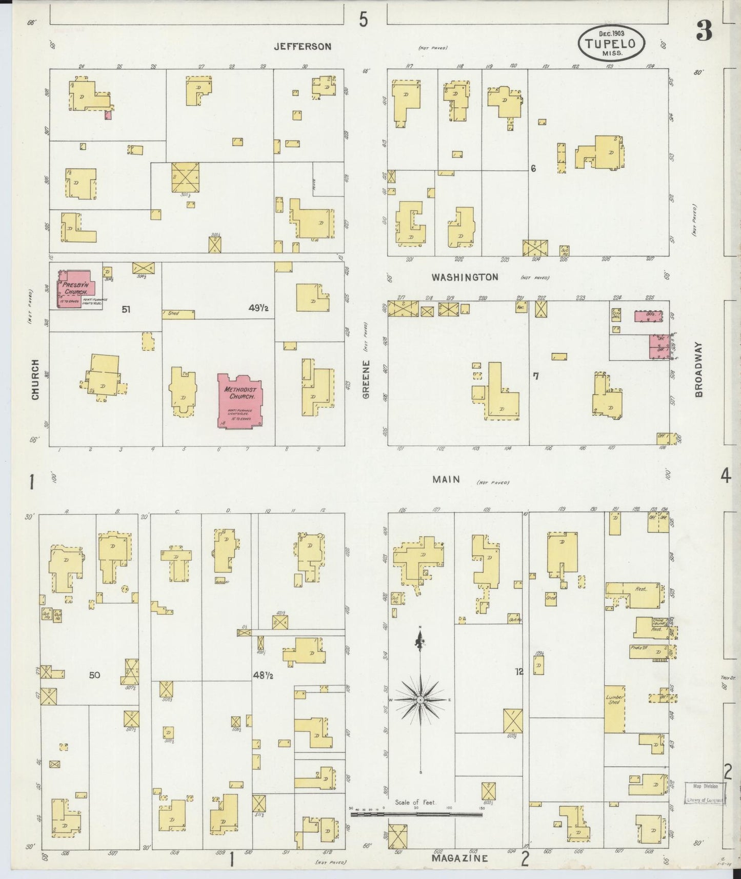Sanborn Fire Insurance Map from Tupelo, Lee County, Mississippi (1903), Sheet #0003 - Historic Sanborn Fire Insurance Map Print, vintage old map wall art, antique decor, genealogy gift, Mississippi Mississippi map