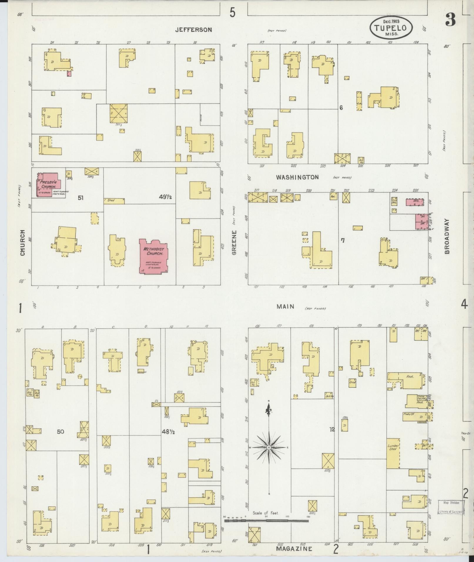 Sanborn Fire Insurance Map from Tupelo, Lee County, Mississippi (1903), Sheet #0003 - Historic Sanborn Fire Insurance Map Print, vintage old map wall art, antique decor, genealogy gift, Mississippi Mississippi map