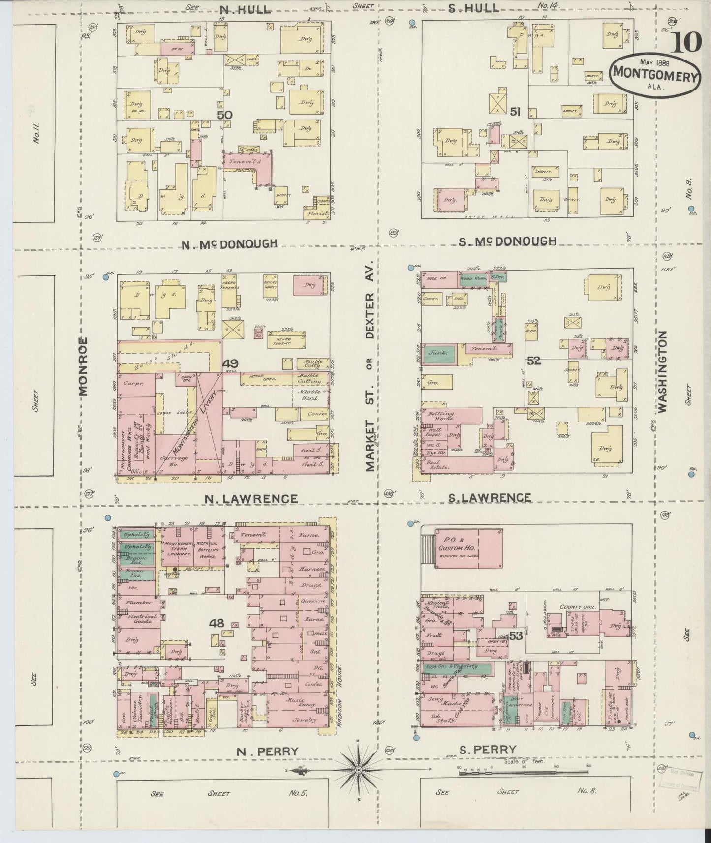 Sanborn Fire Insurance Map from Montgomery, Montgomery County, Alabama (1888), Sheet #0010 - Complete Map Set gallery image, historic Sanborn map, vintage wall art, Alabama Alabama