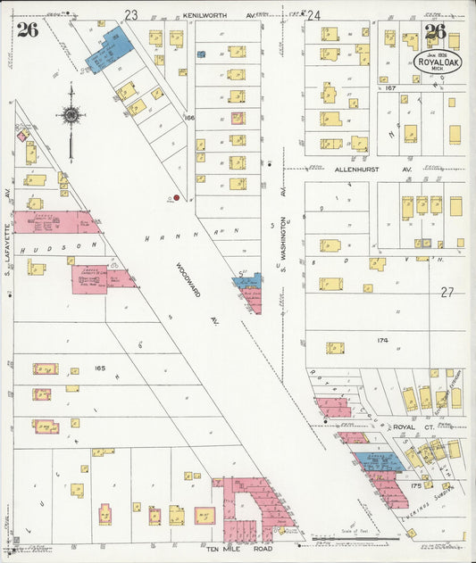 Sanborn Fire Insurance Map from Royal Oak, Oakland County, Michigan (1926), Sheet #0026 - Historic Sanborn Fire Insurance Map Print, vintage old map wall art, antique decor, genealogy gift, Michigan Michigan map