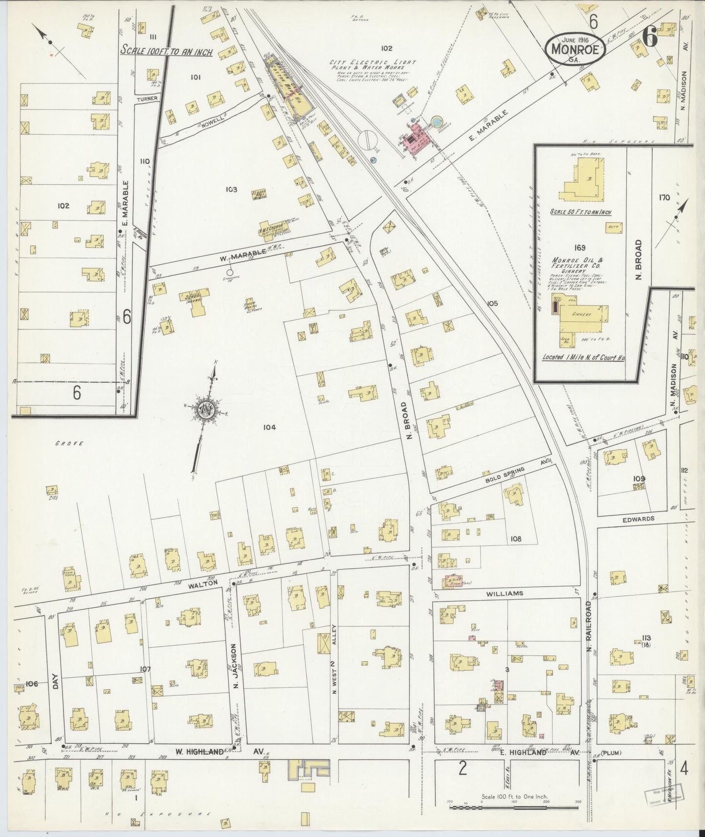 Sanborn Fire Insurance Map from Monroe, Walton County, Georgia (1916), Sheet #0006 - Historic Sanborn Fire Insurance Map Print, vintage old map wall art, antique decor, genealogy gift, Georgia Georgia map