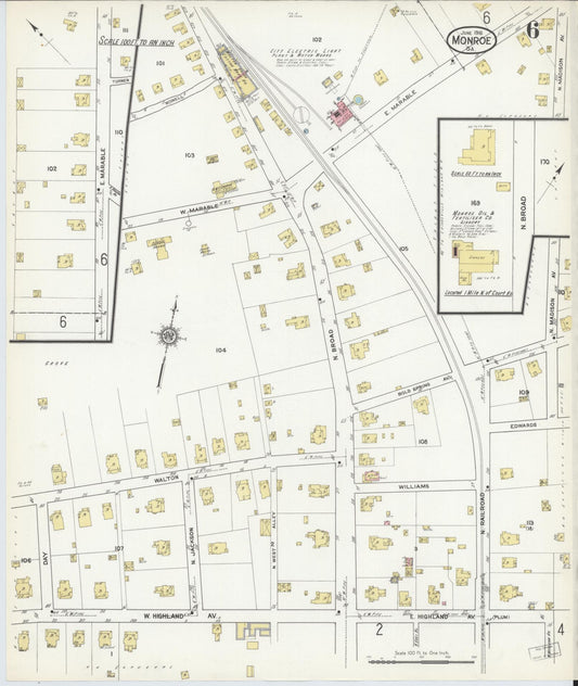 Sanborn Fire Insurance Map from Monroe, Walton County, Georgia (1916), Sheet #0006 - Historic Sanborn Fire Insurance Map Print, vintage old map wall art, antique decor, genealogy gift, Georgia Georgia map