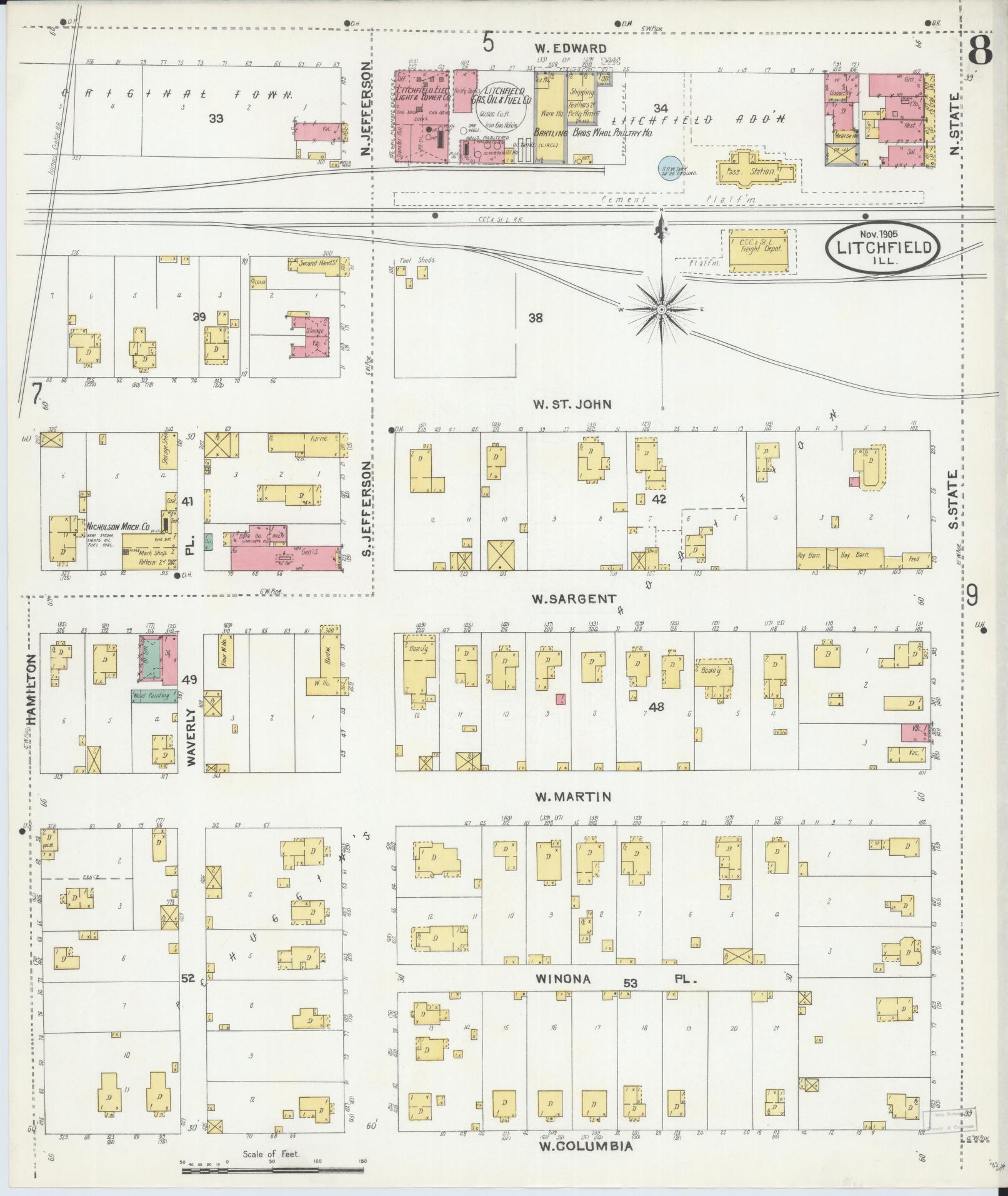 Sanborn Fire Insurance Map from Litchfield, Montgomery County, Illinois (1905), Sheet #0008 - Complete Map Set gallery image, historic Sanborn map, vintage wall art, Illinois Illinois