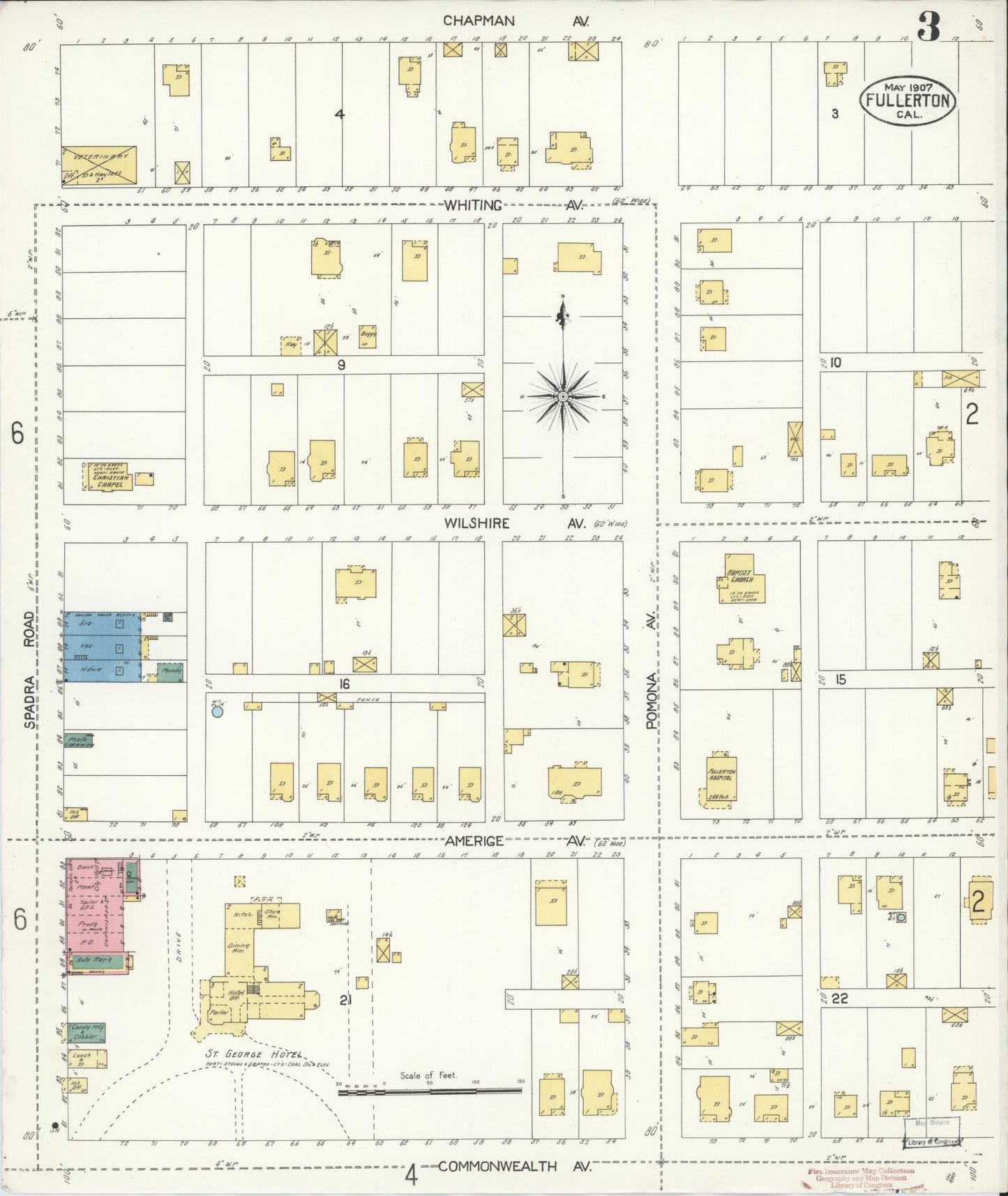 Sanborn Fire Insurance Map from Fullerton, Orange County, California (1907), Sheet #0003 - Historic Sanborn Fire Insurance Map Print, vintage old map wall art, antique decor, genealogy gift, California California map