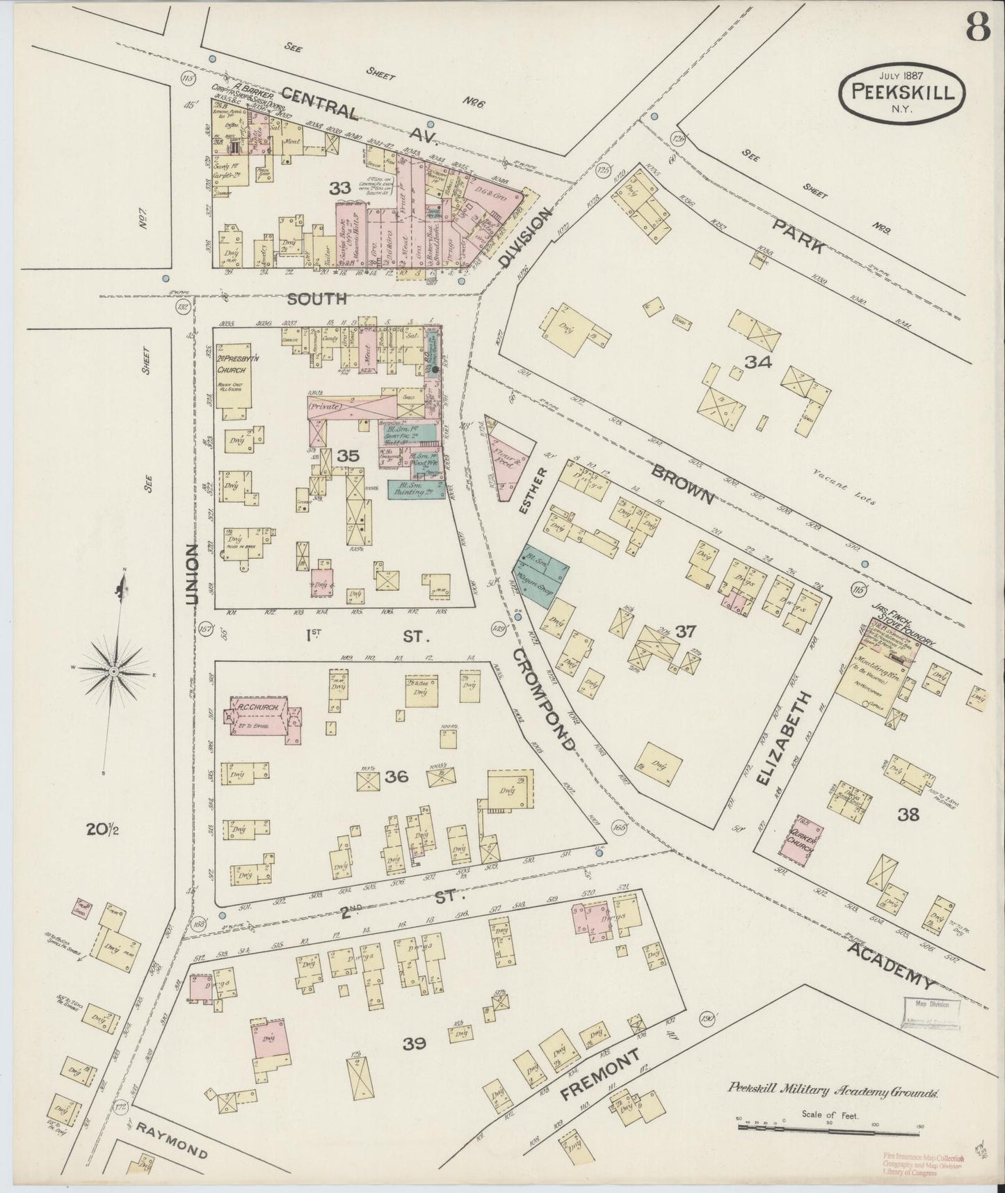 Sanborn Fire Insurance Map from Peekskill, Westchester County, New York (1887), Sheet #0008 - Complete Map Set gallery image, historic Sanborn map, vintage wall art, New York New York