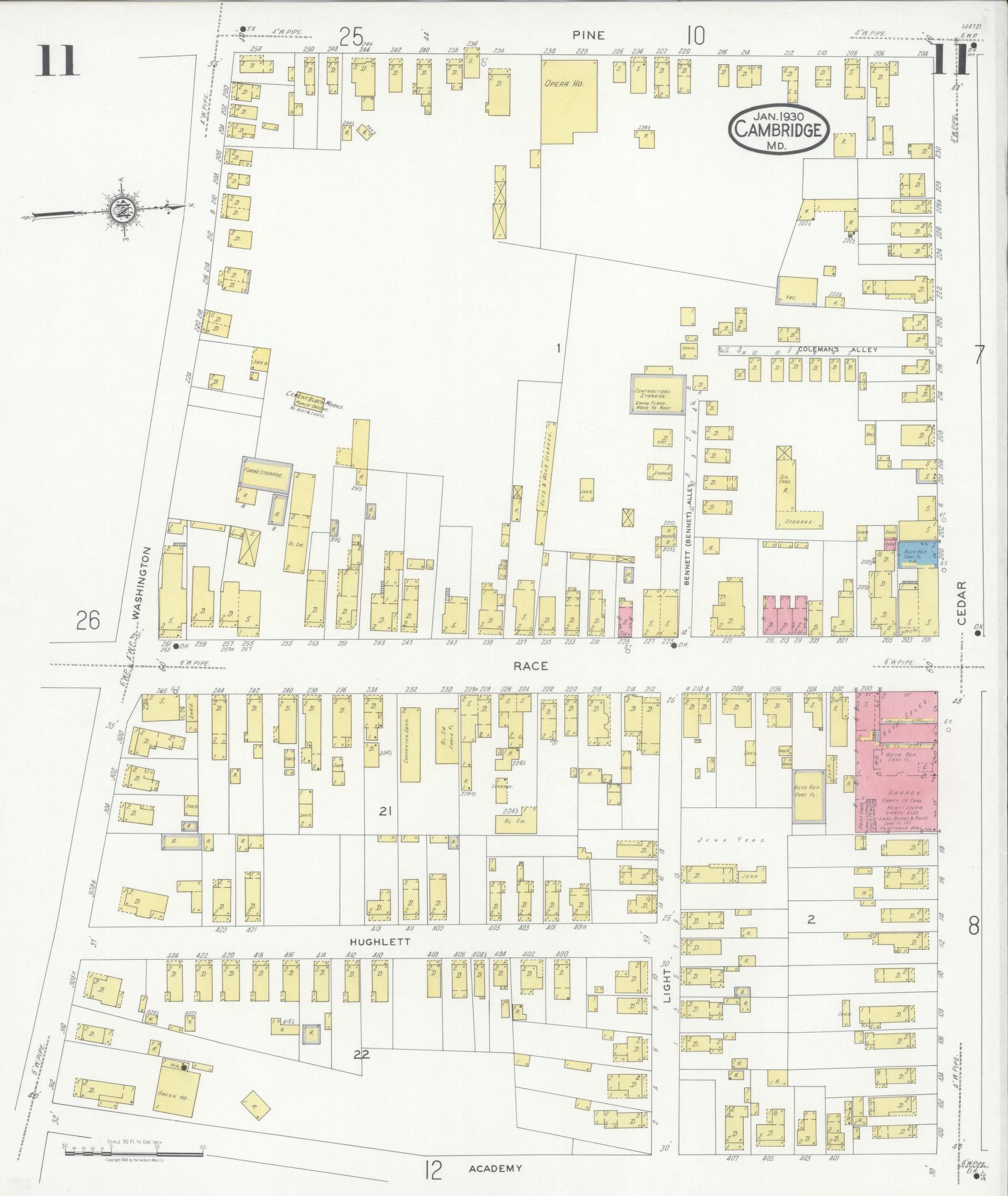 Sanborn Fire Insurance Map from Cambridge, Dorchester County, Maryland (1930), Sheet #0011 - Complete Map Set gallery image, historic Sanborn map, vintage wall art, Maryland Maryland