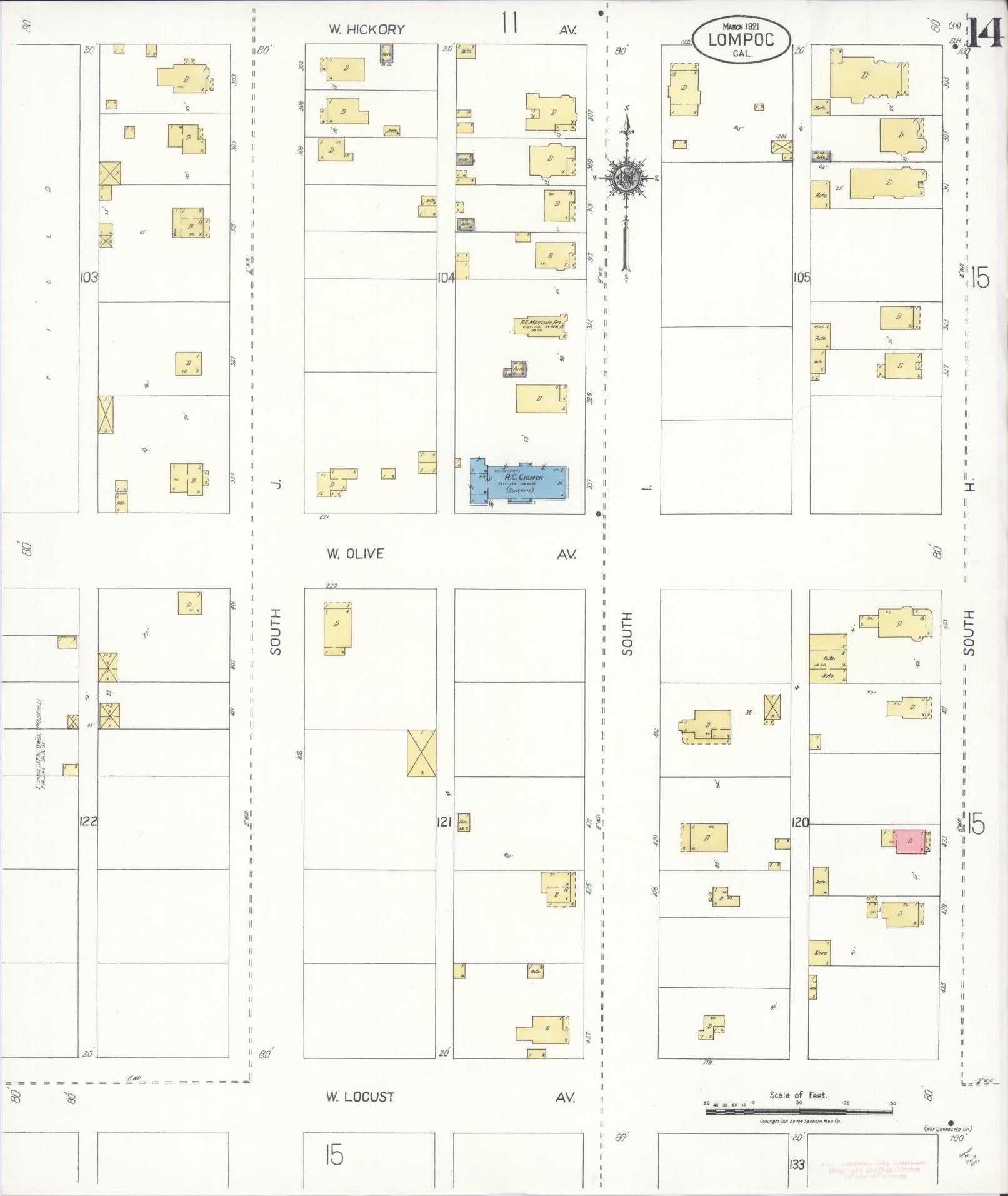 Sanborn Fire Insurance Map from Lompoc, Santa Barbara County, California (1921), Sheet #0014 - Historic Sanborn Fire Insurance Map Print, vintage old map wall art, antique decor, genealogy gift, California California map