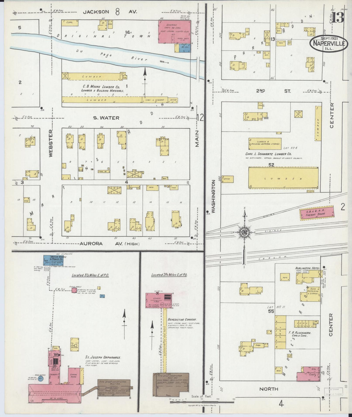 Sanborn Fire Insurance Map from Naperville, Du Page County, Illinois (1921), Sheet #0013 - Historic Sanborn Fire Insurance Map Print, vintage old map wall art, antique decor, genealogy gift, Illinois Illinois map