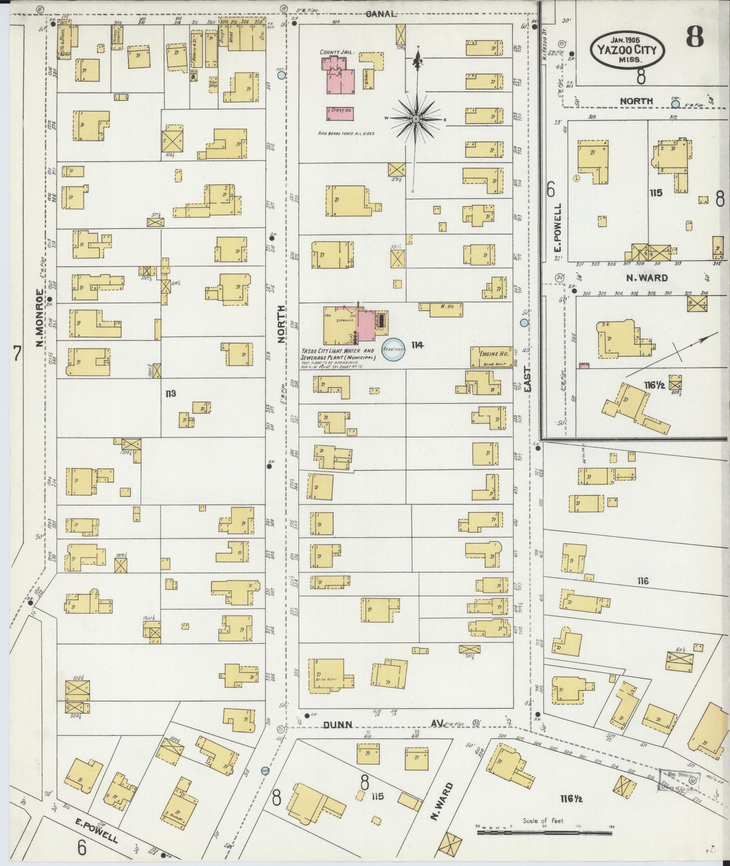 Sanborn Fire Insurance Map from Yazoo City, Yazoo County, Mississippi (1905), Sheet #0008 - Complete Map Set gallery image, historic Sanborn map, vintage wall art, Mississippi Mississippi