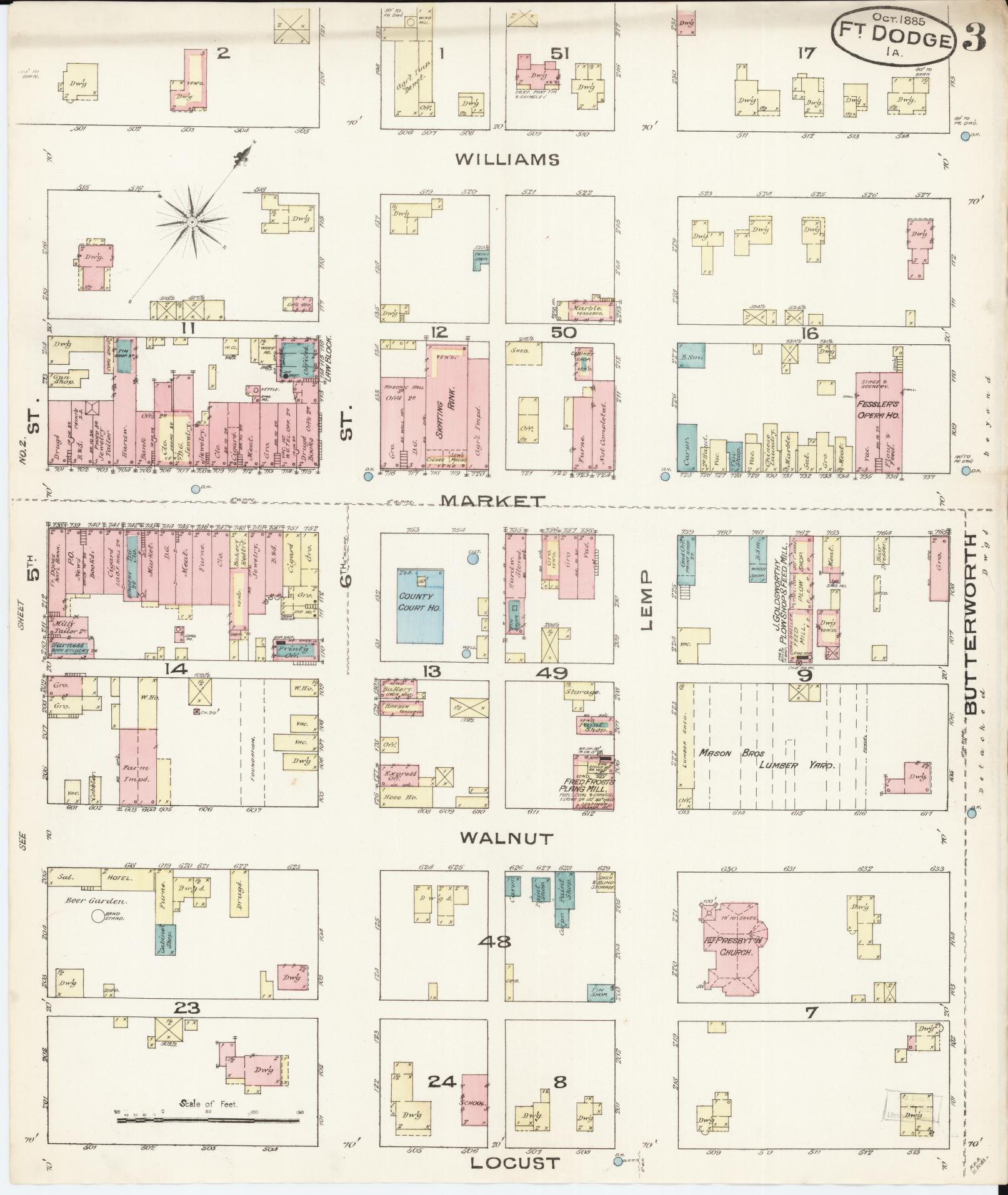 Sanborn Fire Insurance Map from Fort Dodge, Webster County, Iowa (1885), Sheet #0003 - Historic Sanborn Fire Insurance Map Print, vintage old map wall art