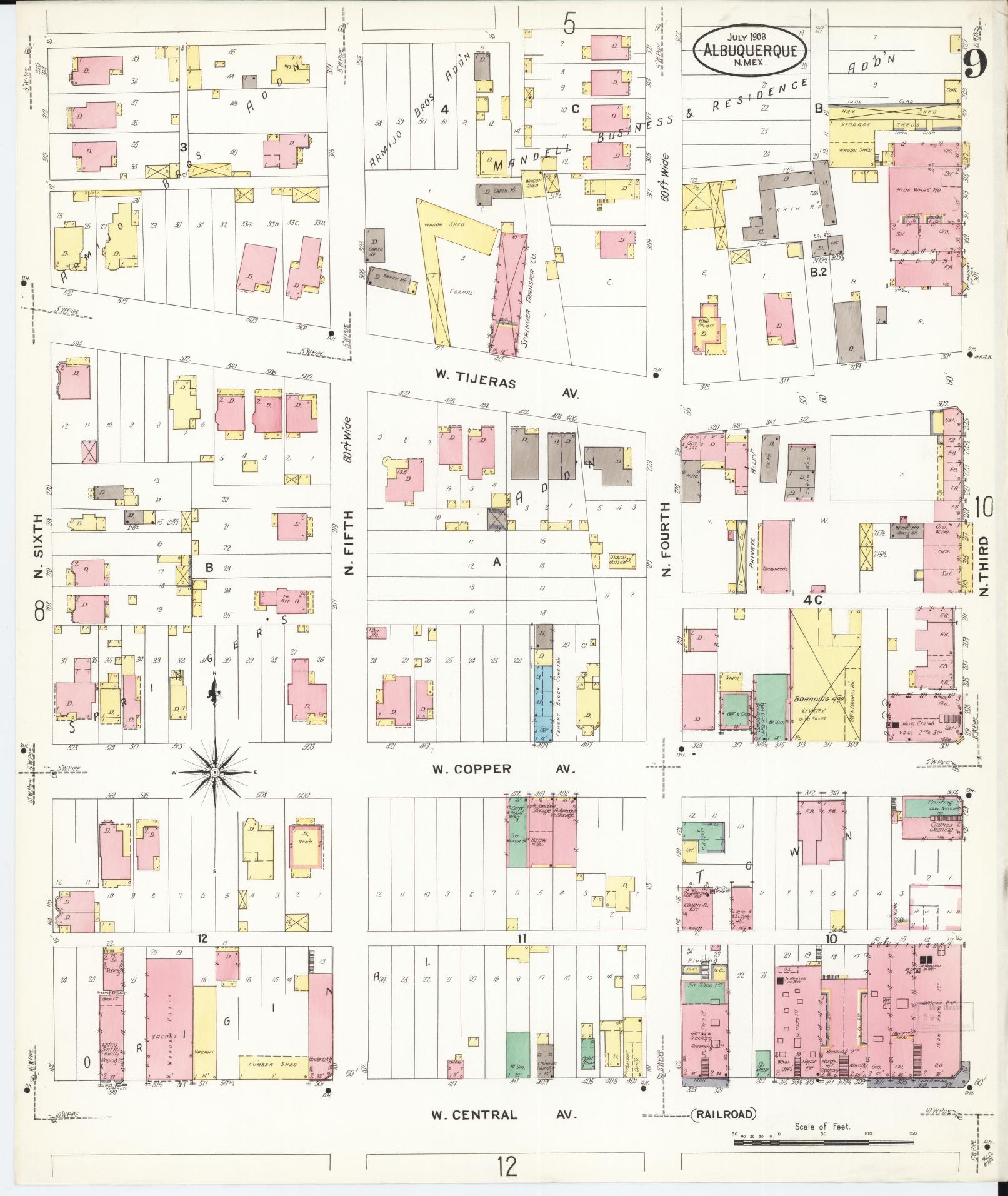 Sanborn Fire Insurance Map from Albuquerque, Bernalillo County, New Mexico (1908), Sheet #0009 - Complete Map Set gallery image, historic Sanborn map, vintage wall art, New Mexico New Mexico