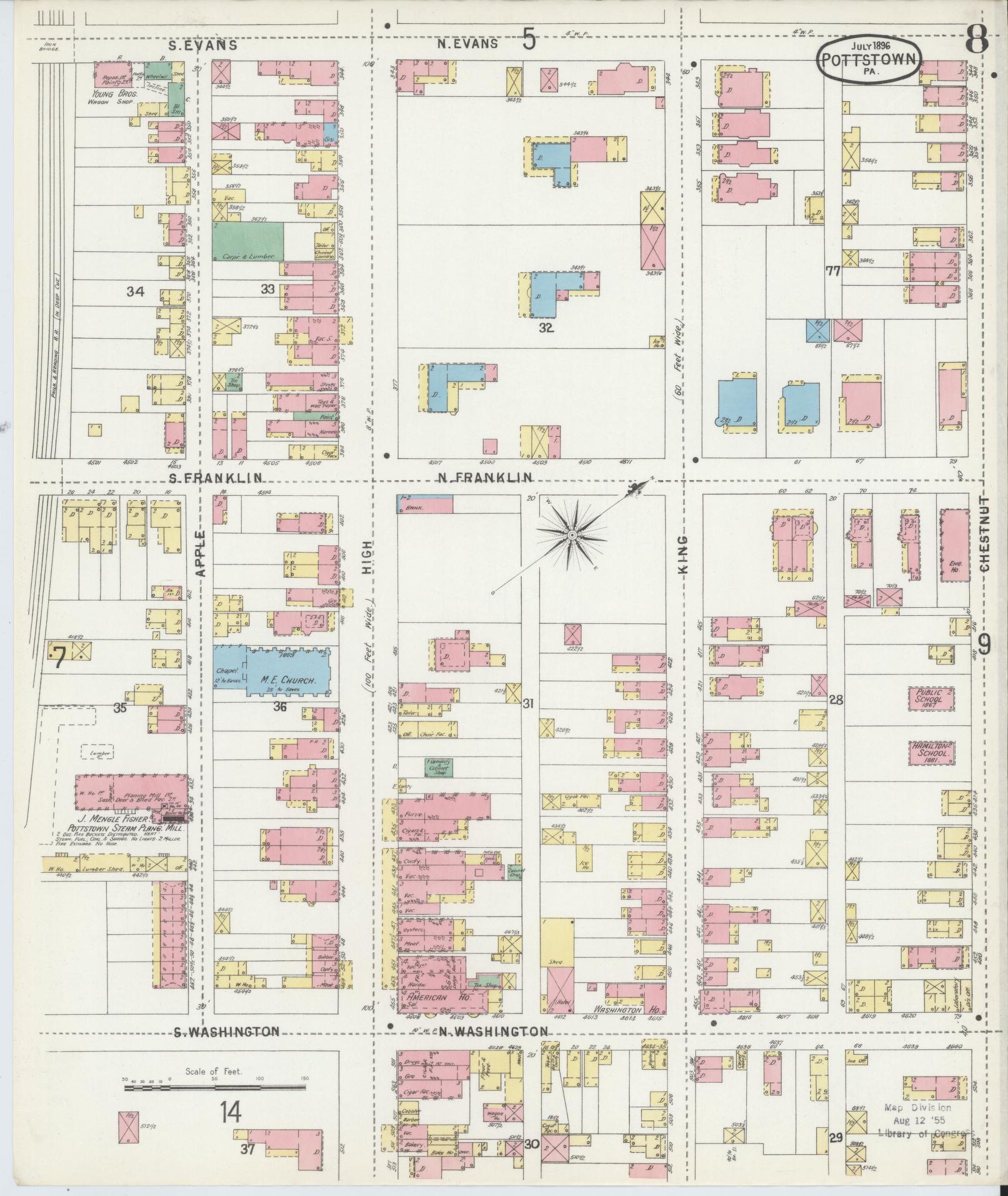 Sanborn Fire Insurance Map from Pottstown, Montgomery County, Pennsylvania (1896), Sheet #0008 - Complete Map Set gallery image, historic Sanborn map, vintage wall art, Pennsylvania Pennsylvania
