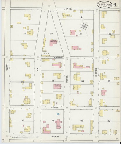 Sanborn Fire Insurance Map from Cleveland, Bradley County, Tennessee (1892), Sheet #0004 - Complete Map Set gallery image, historic Sanborn map, vintage wall art, Tennessee Tennessee