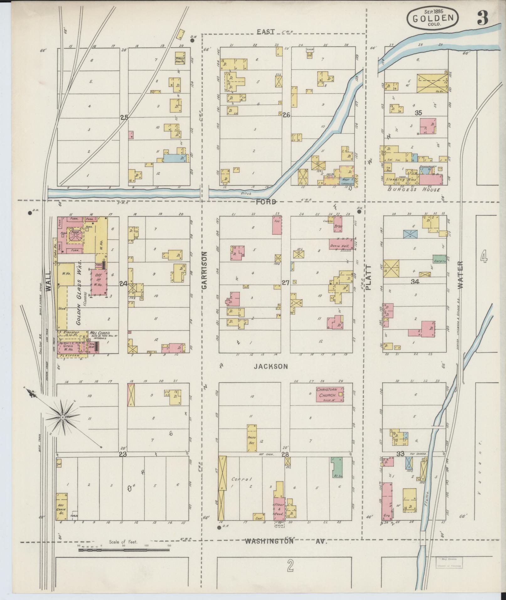 Sanborn Fire Insurance Map from Golden, Jefferson County, Colorado (1895), Sheet #0003 - Complete Map Set gallery image, historic Sanborn map, vintage wall art, Colorado Colorado