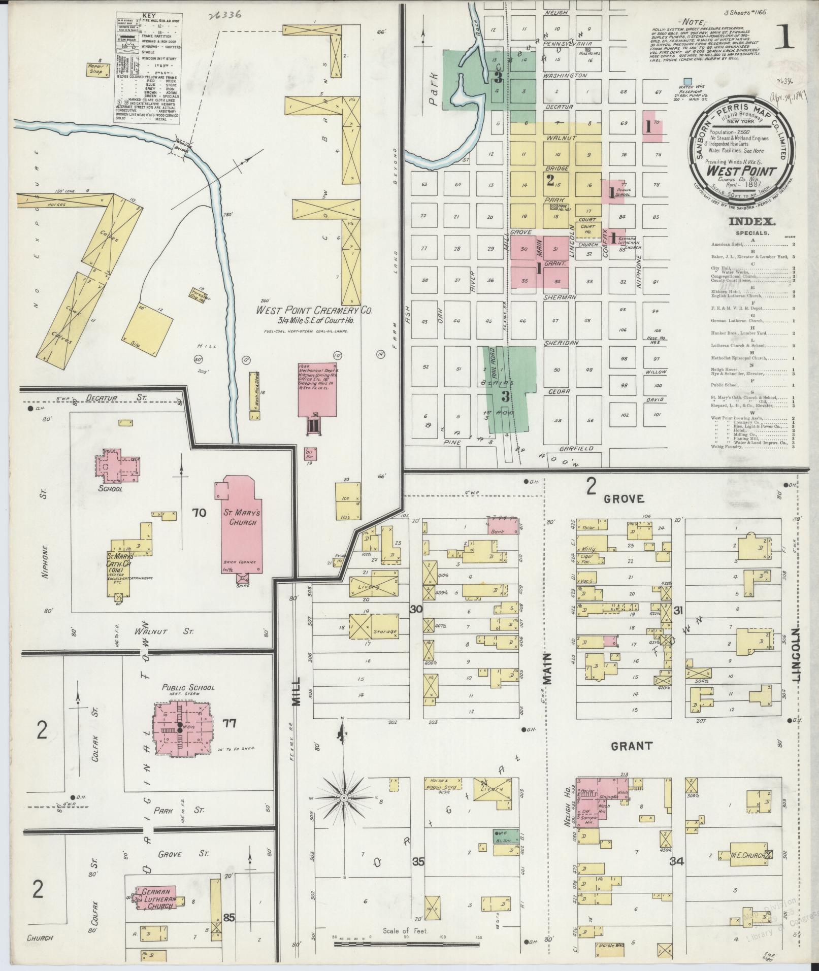 Sanborn Fire Insurance Map from West Point, Cuming County, Nebraska (1897), Sheet #0001 - Complete Map Set gallery image, historic Sanborn map, vintage wall art, Nebraska Nebraska