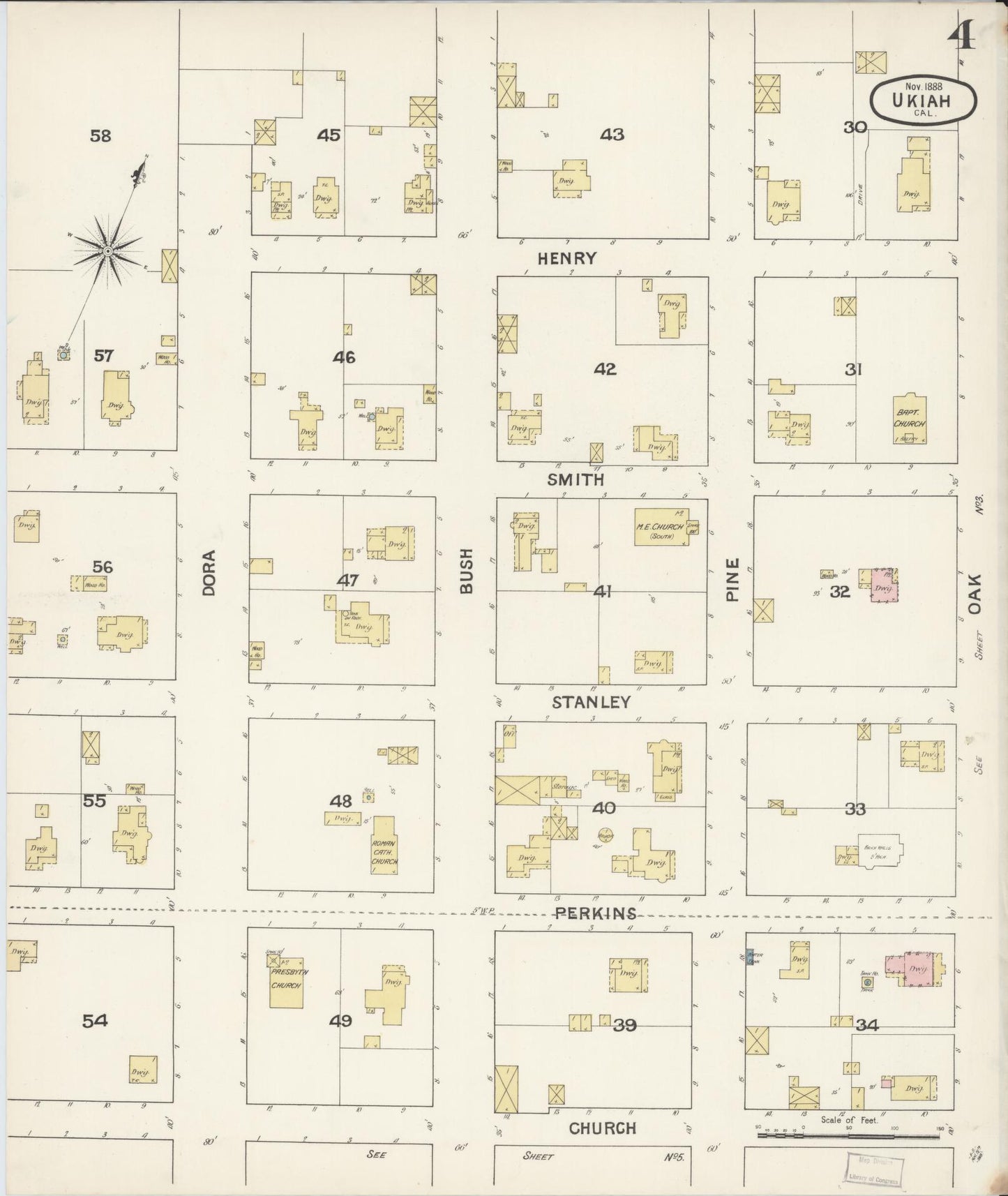 Sanborn Fire Insurance Map from Ukiah, Mendocino County, California (1888), Sheet #0004 - Complete Map Set gallery image, historic Sanborn map, vintage wall art, California California