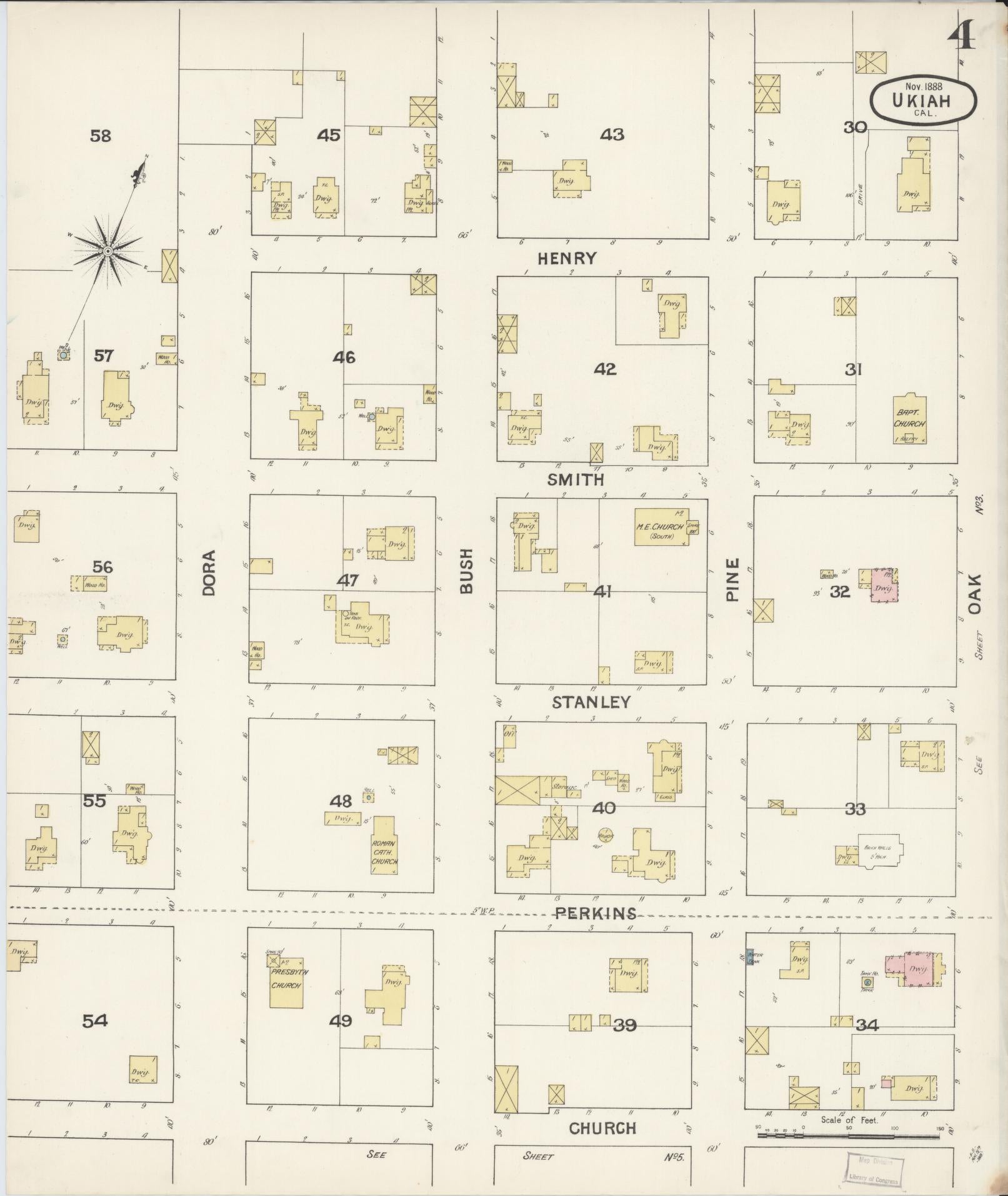 Sanborn Fire Insurance Map from Ukiah, Mendocino County, California (1888), Sheet #0004 - Complete Map Set gallery image, historic Sanborn map, vintage wall art, California California