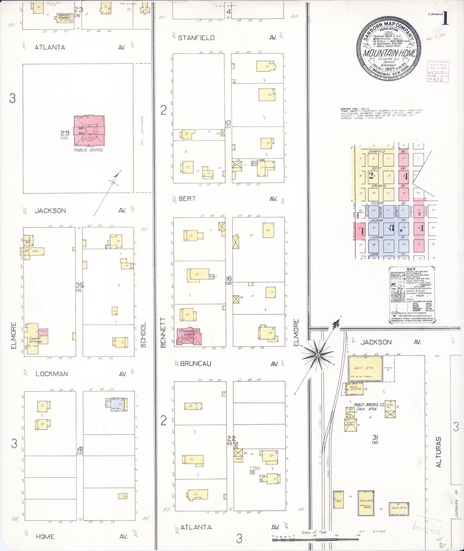 Sanborn Fire Insurance Map from Mountain Home, Elmore County, Idaho (1907), Sheet #0001 - Complete Map Set gallery image, historic Sanborn map, vintage wall art, Idaho Idaho